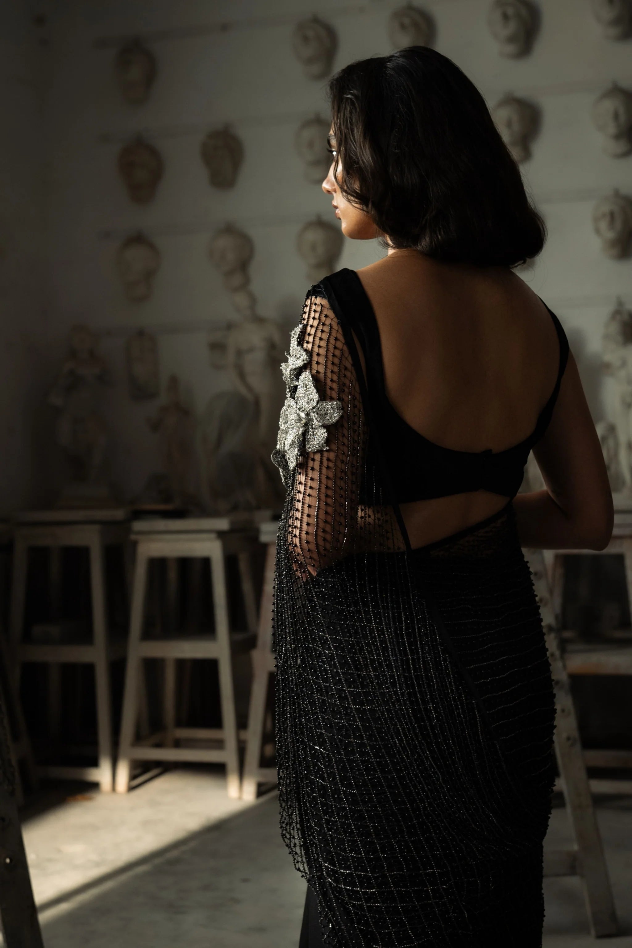 Charcoal Pearl Weave Black Saree