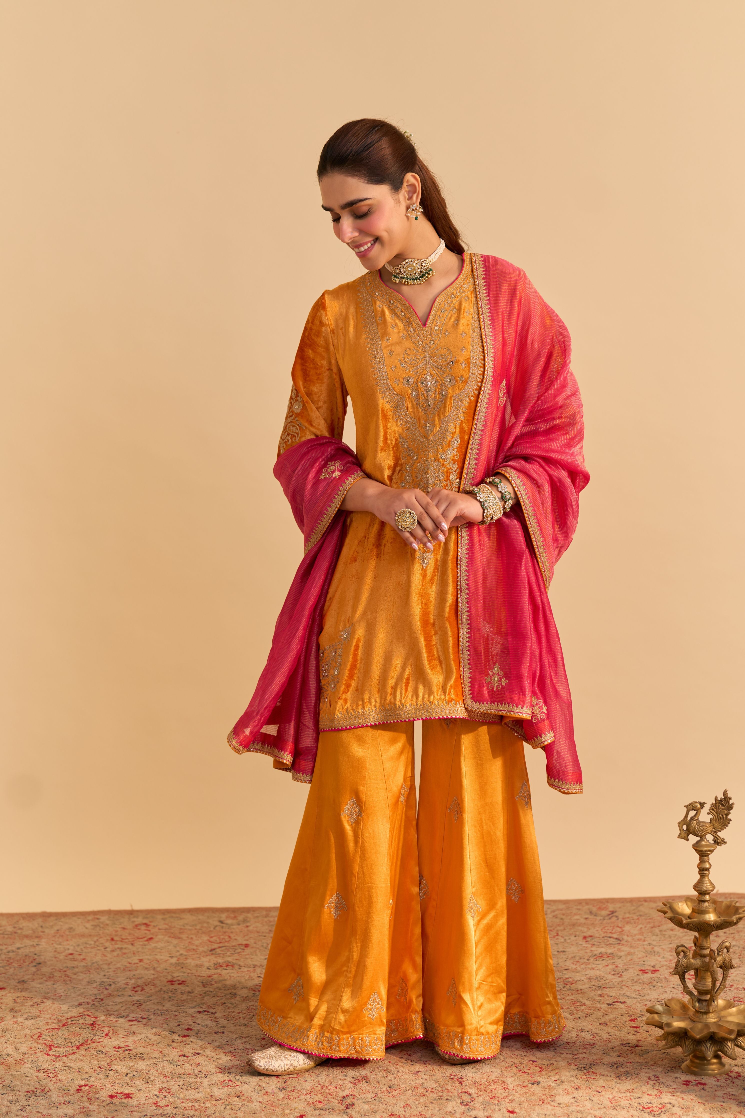 Aroob - Silk Velvet Heirloom Mustard Kurta With Sharara And Dupatta