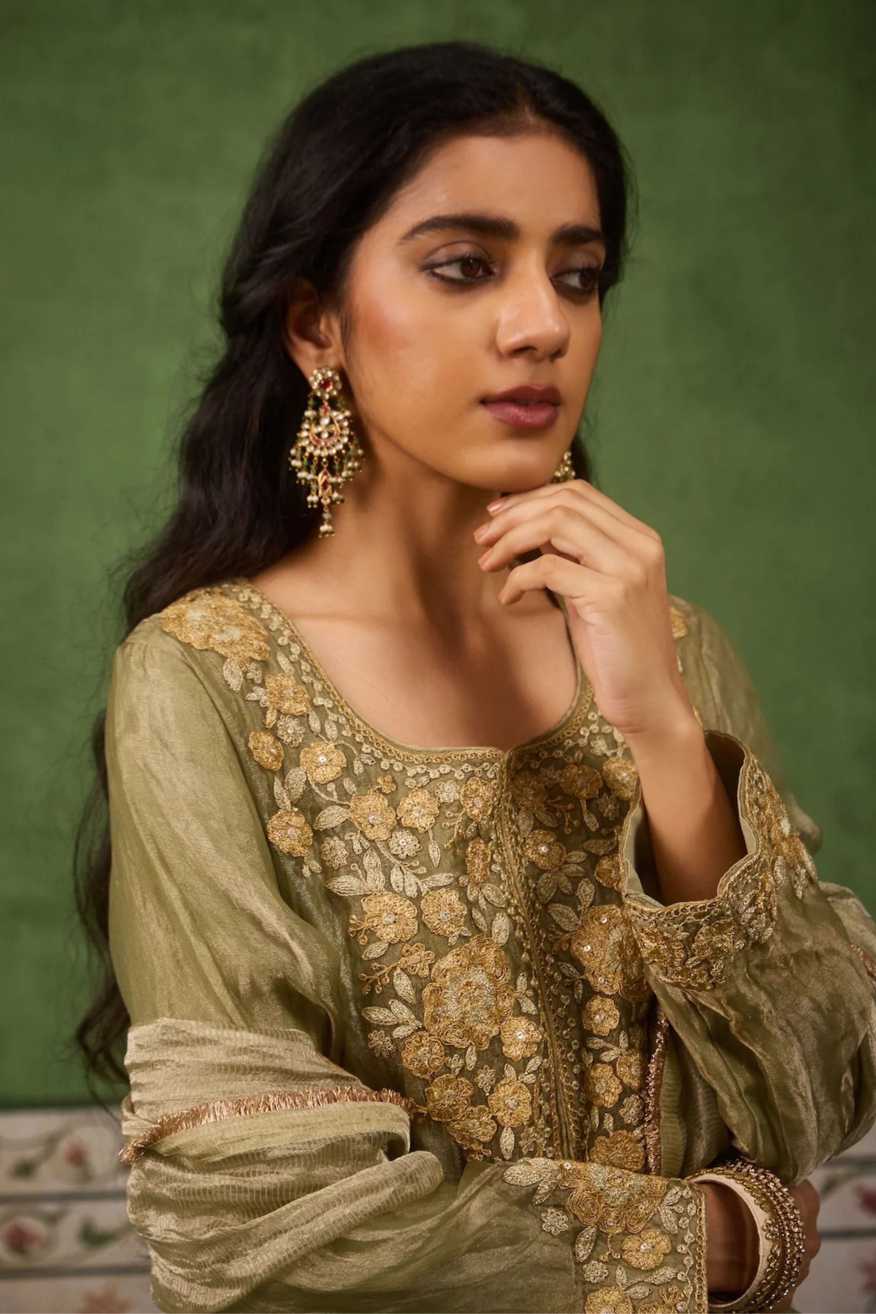 Reet Sage Green Tissue Anarkali Kurta Set