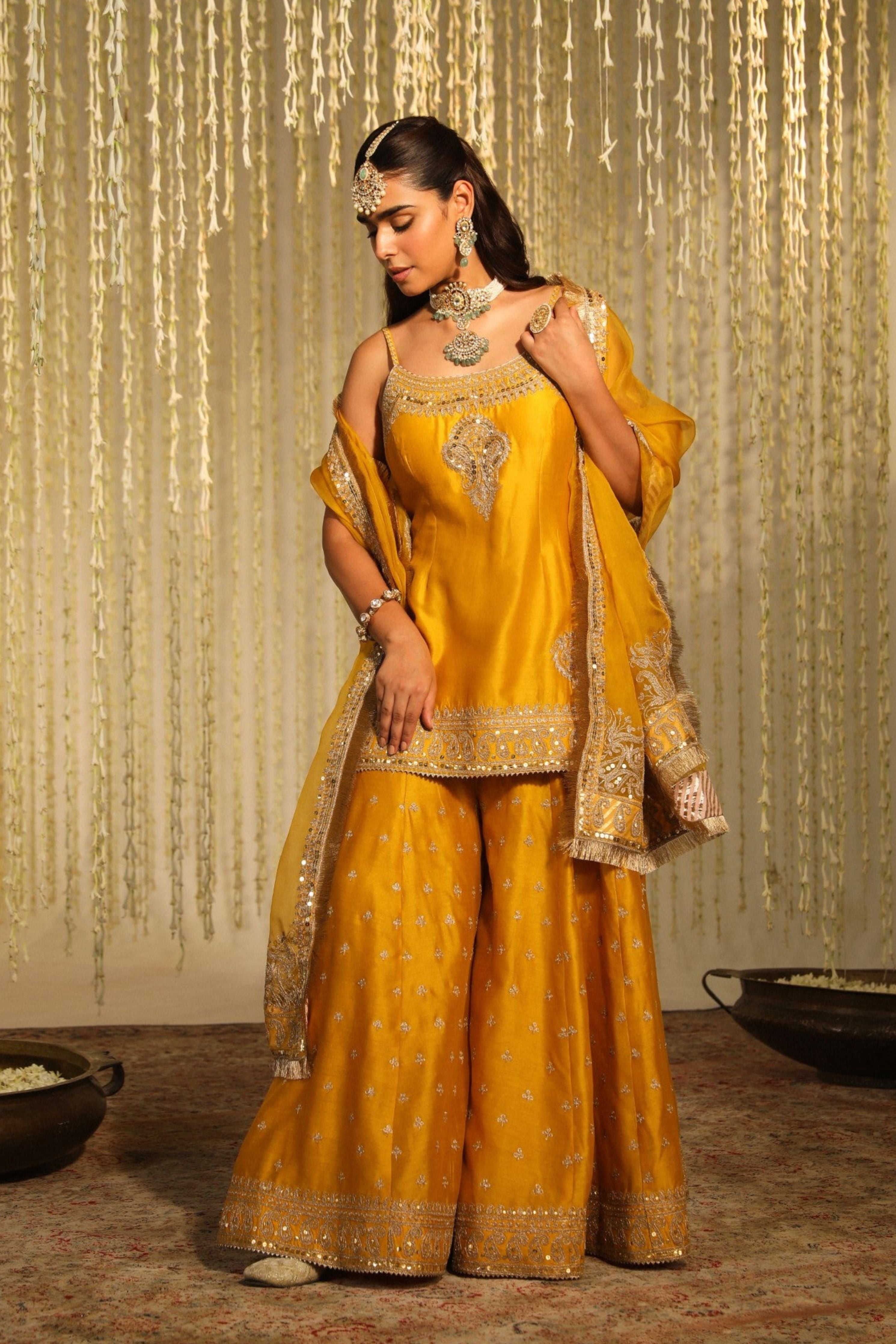 Aabroo Glaze Mustard Short Kurta With Sharara And Dupatta