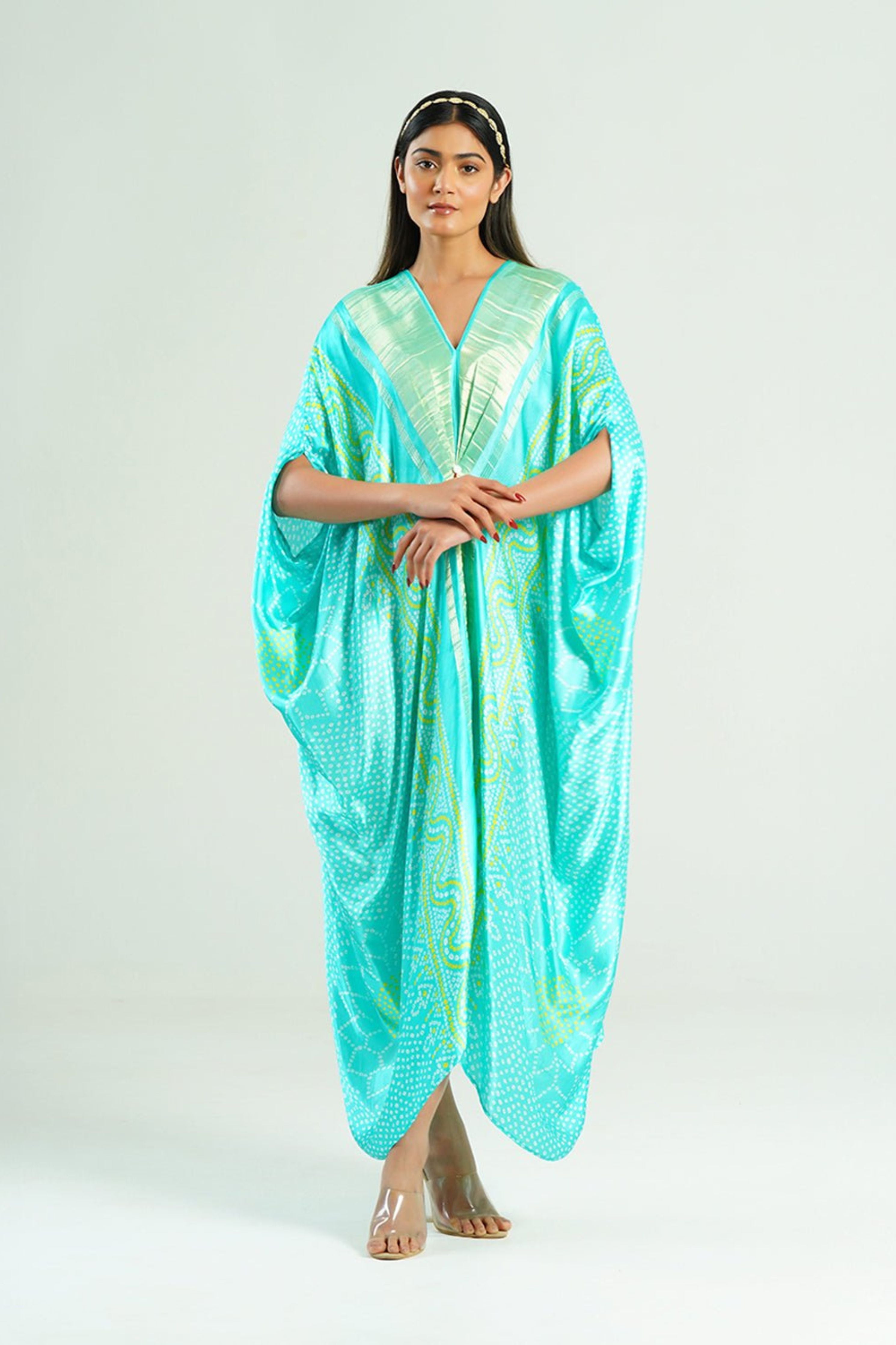 Bandhej Kaftan In Aquamarine & Gold