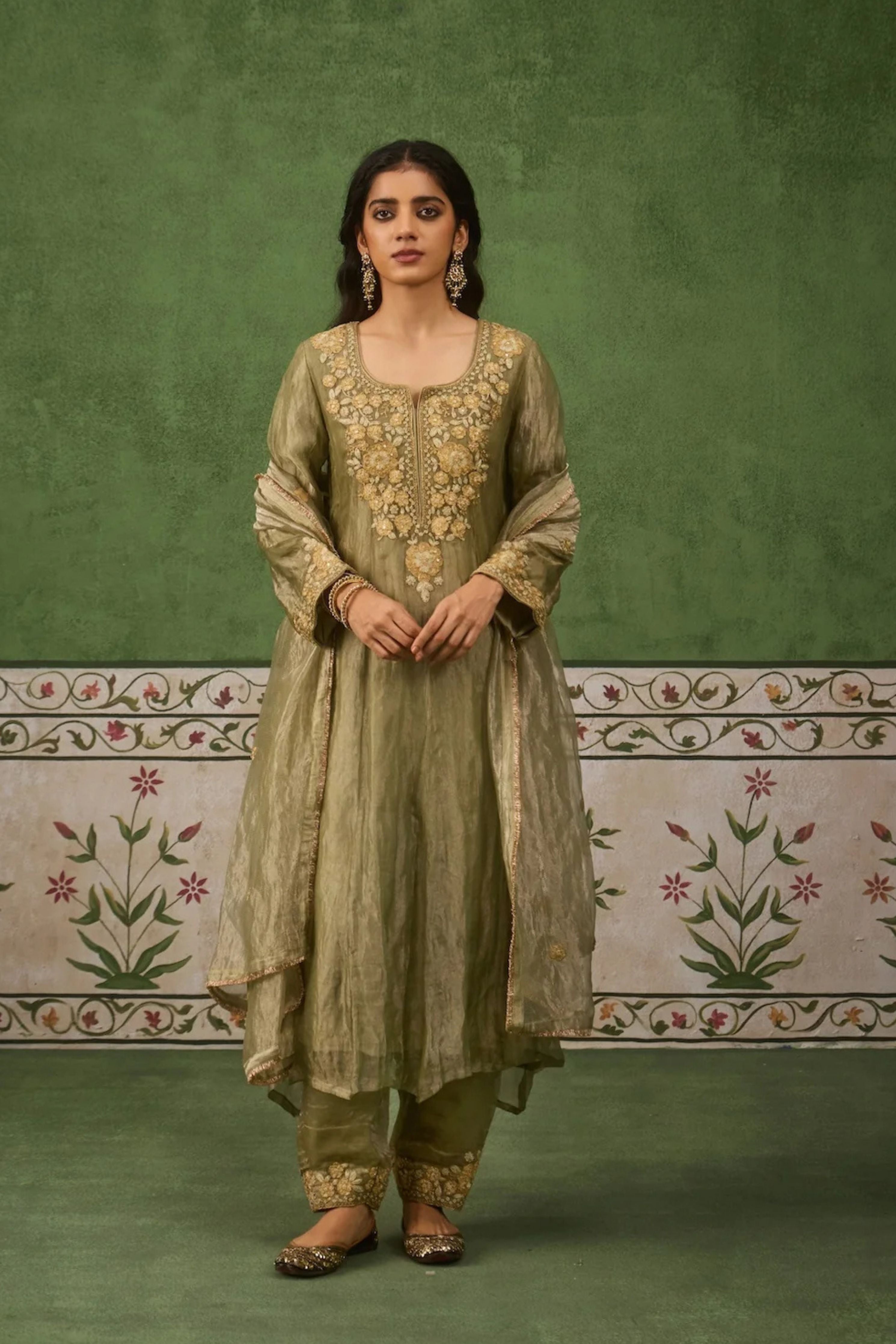 Reet Sage Green Tissue Anarkali Kurta Set