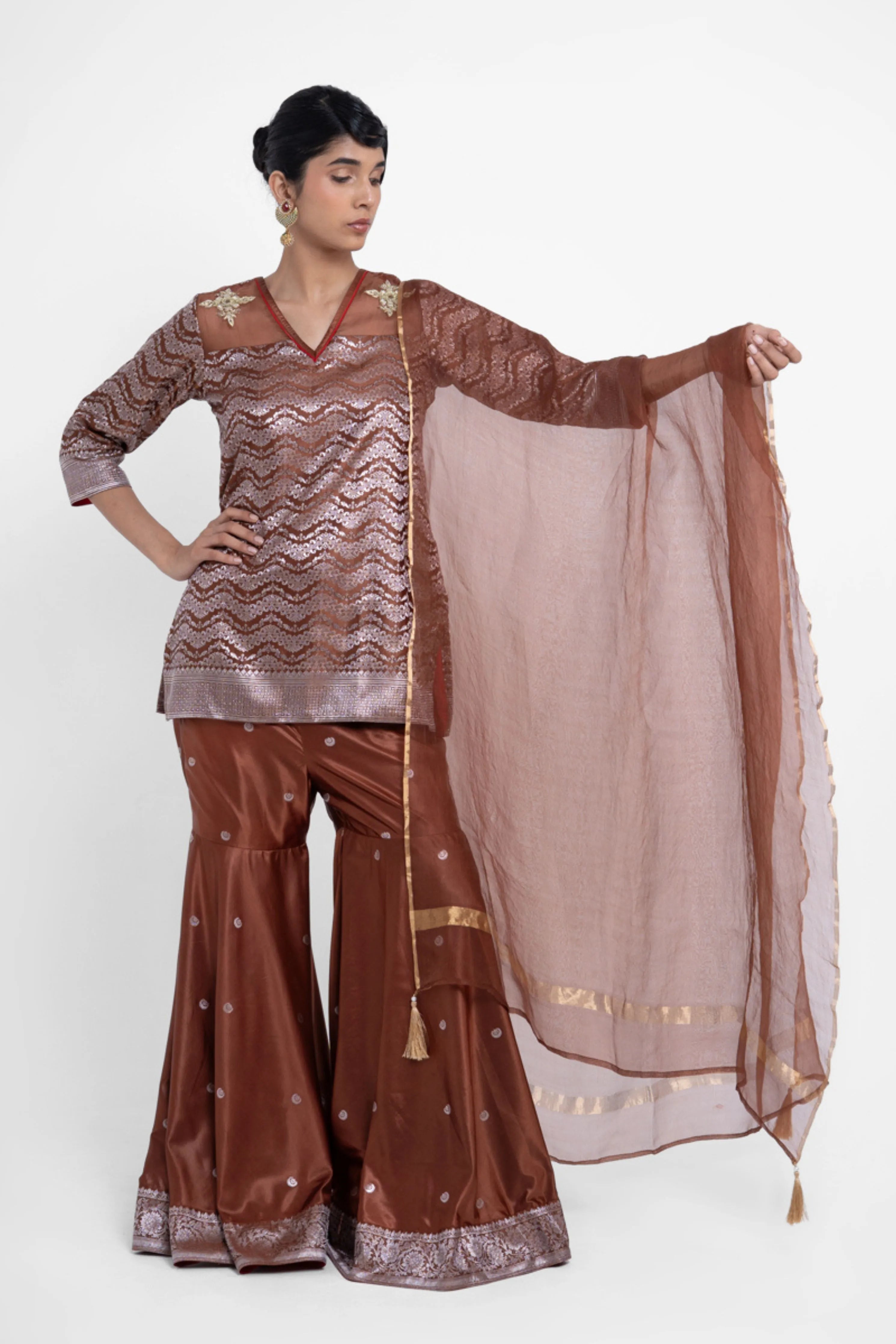 Ruby Gharara Set In Brown