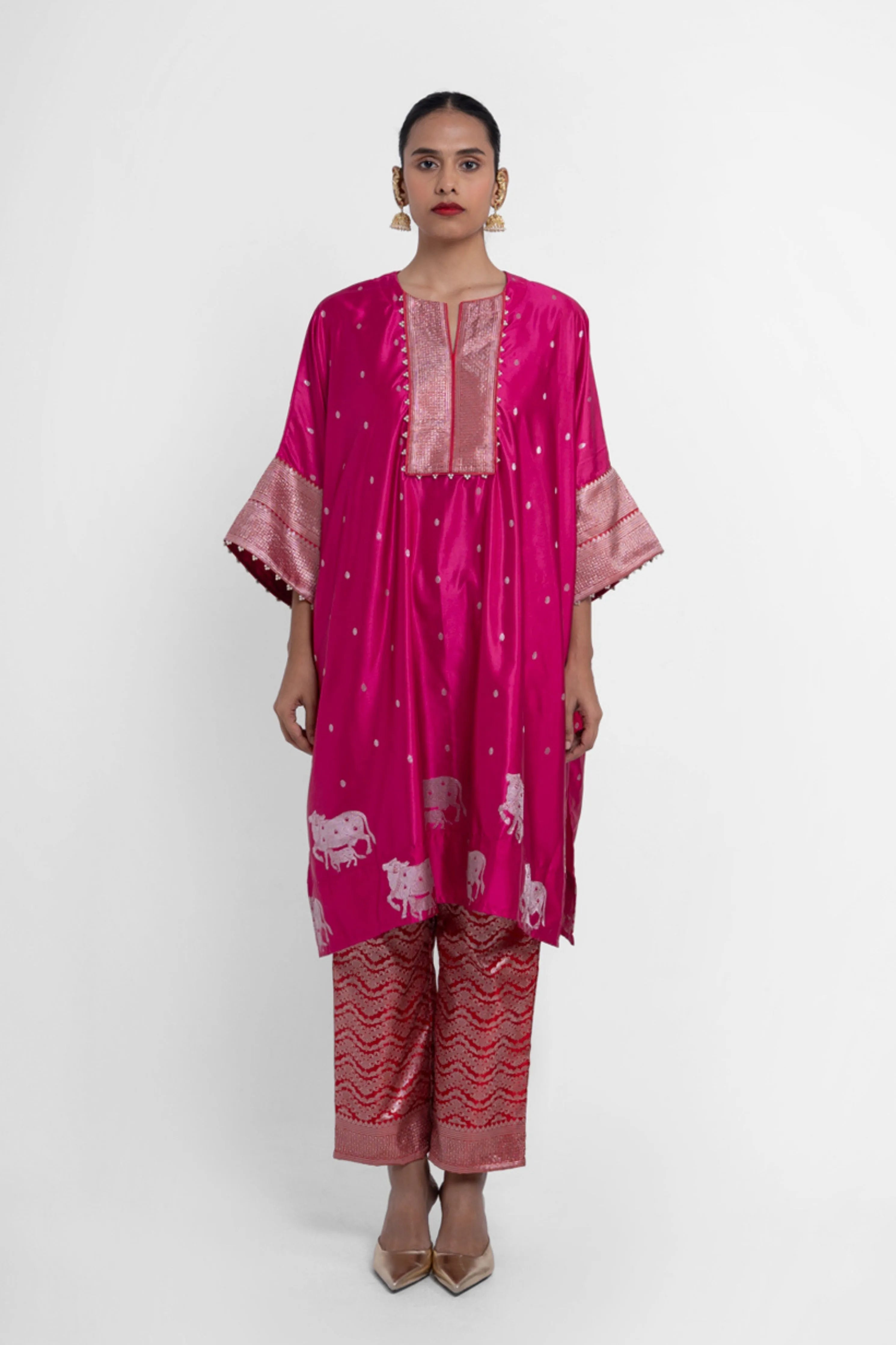 Nandini Kaftan Set In Pink Red