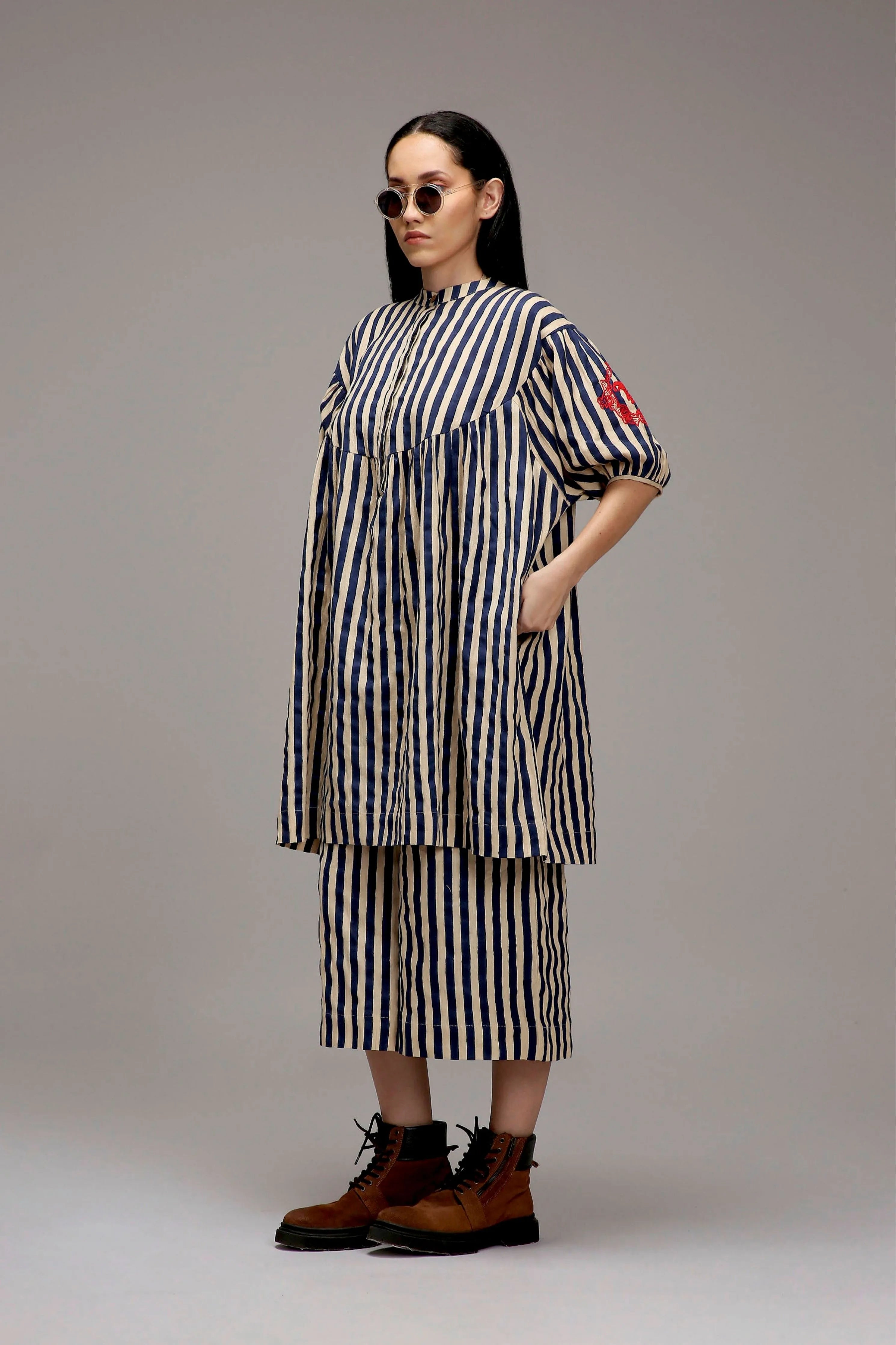Egg-Shell Blue Striped Short Acra Tunic Set