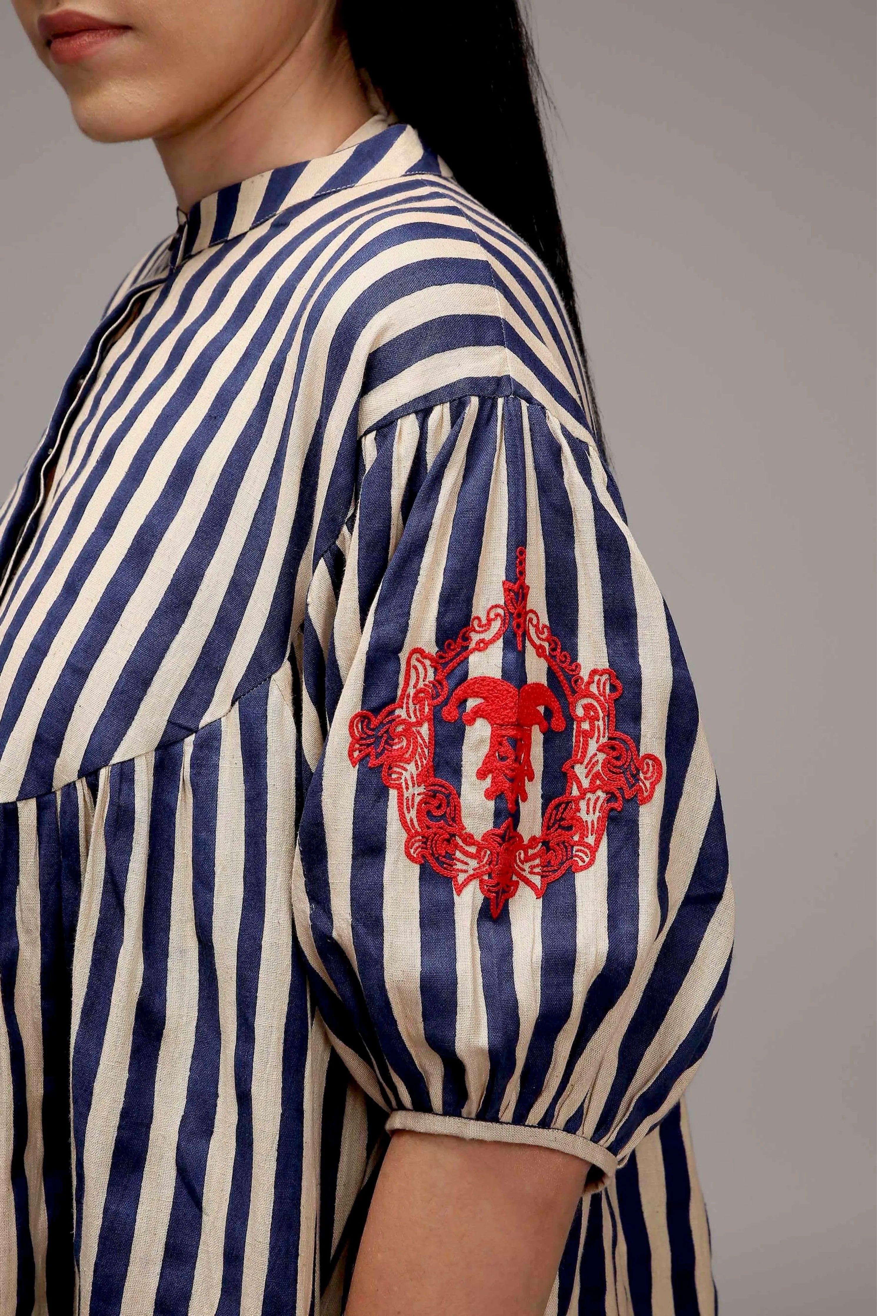 Egg-Shell Blue Striped Short Acra Tunic Set