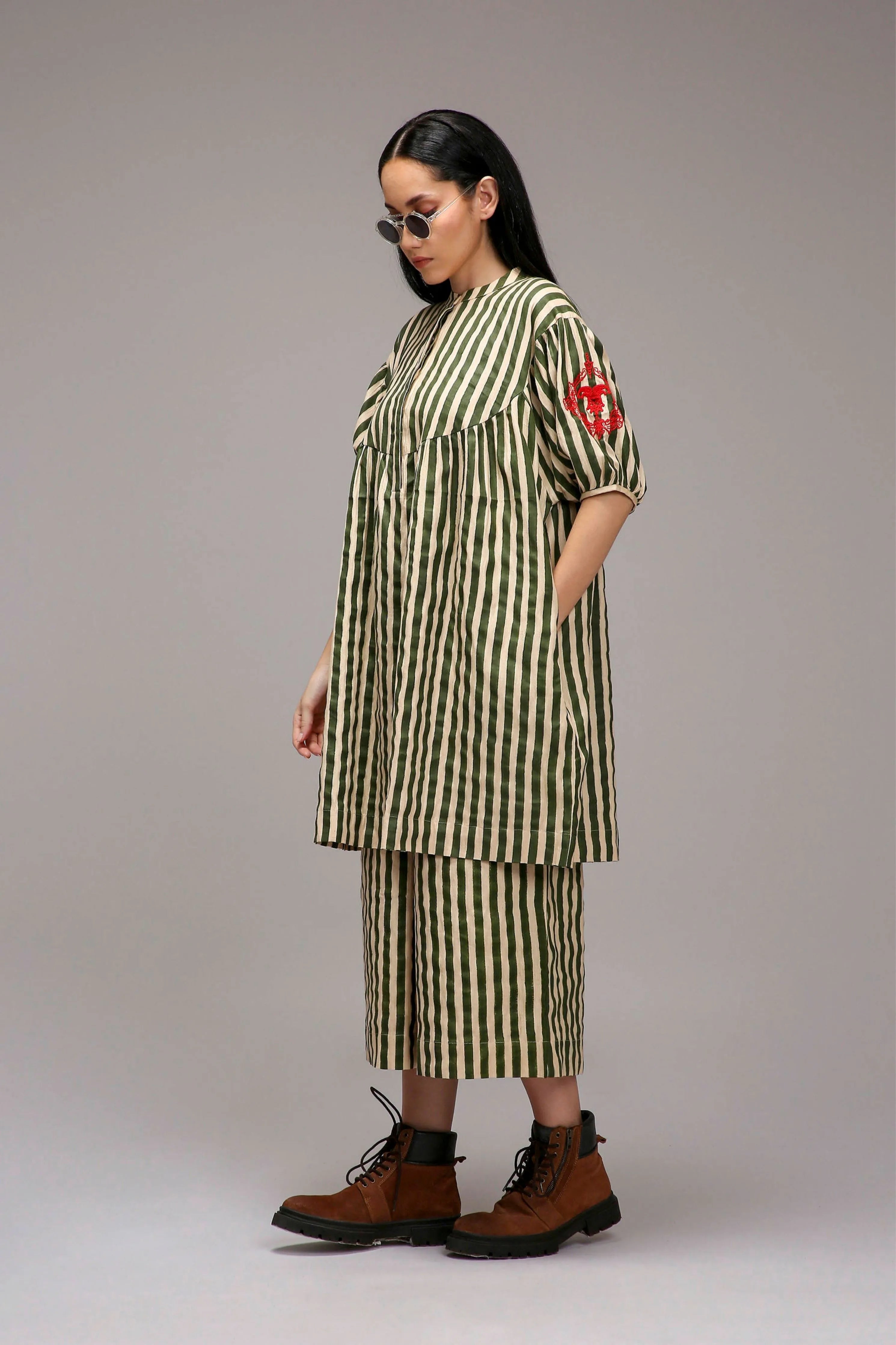 Egg-Shell Green Striped Short Acra Tunic Set