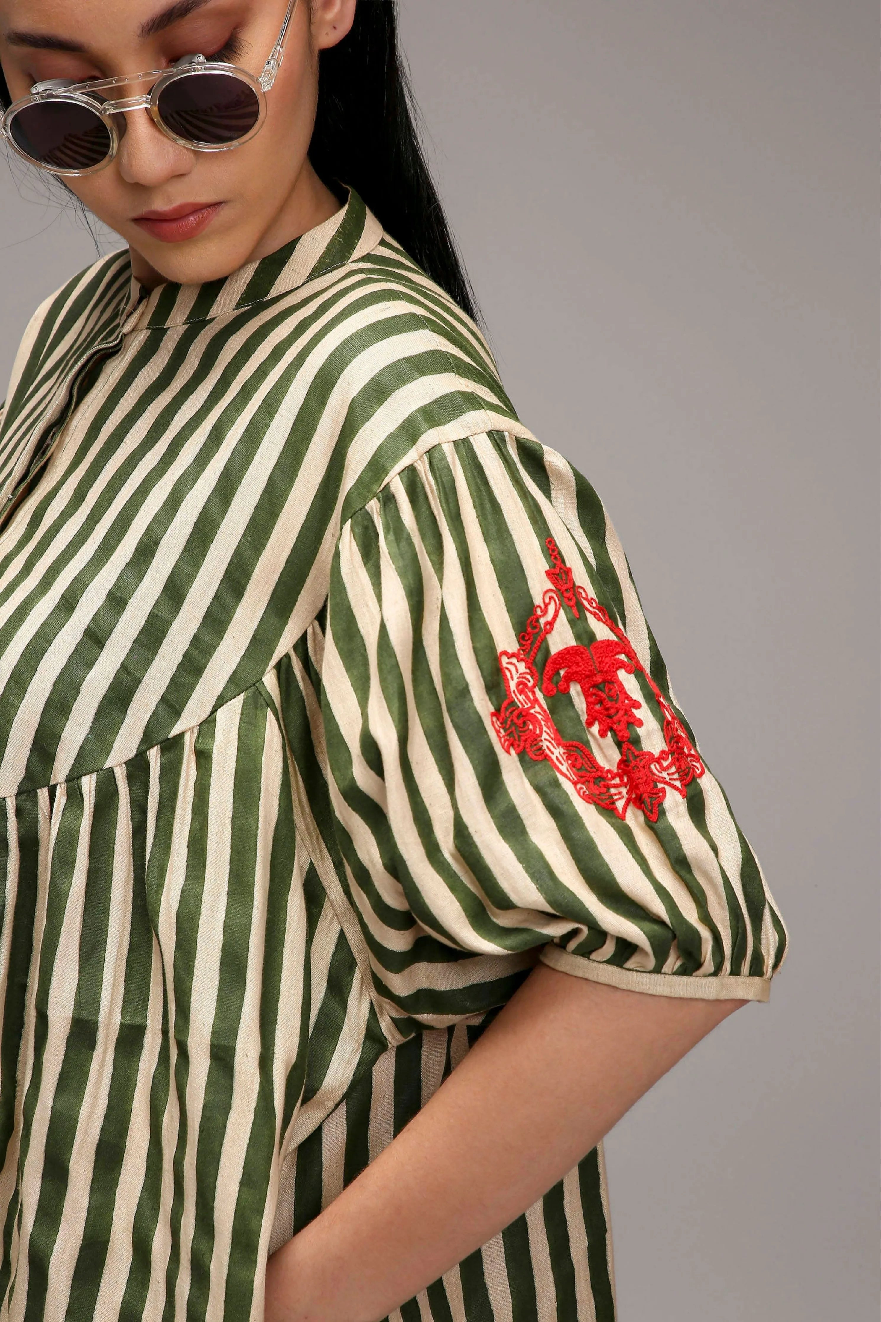 Egg-Shell Green Striped Short Acra Tunic Set