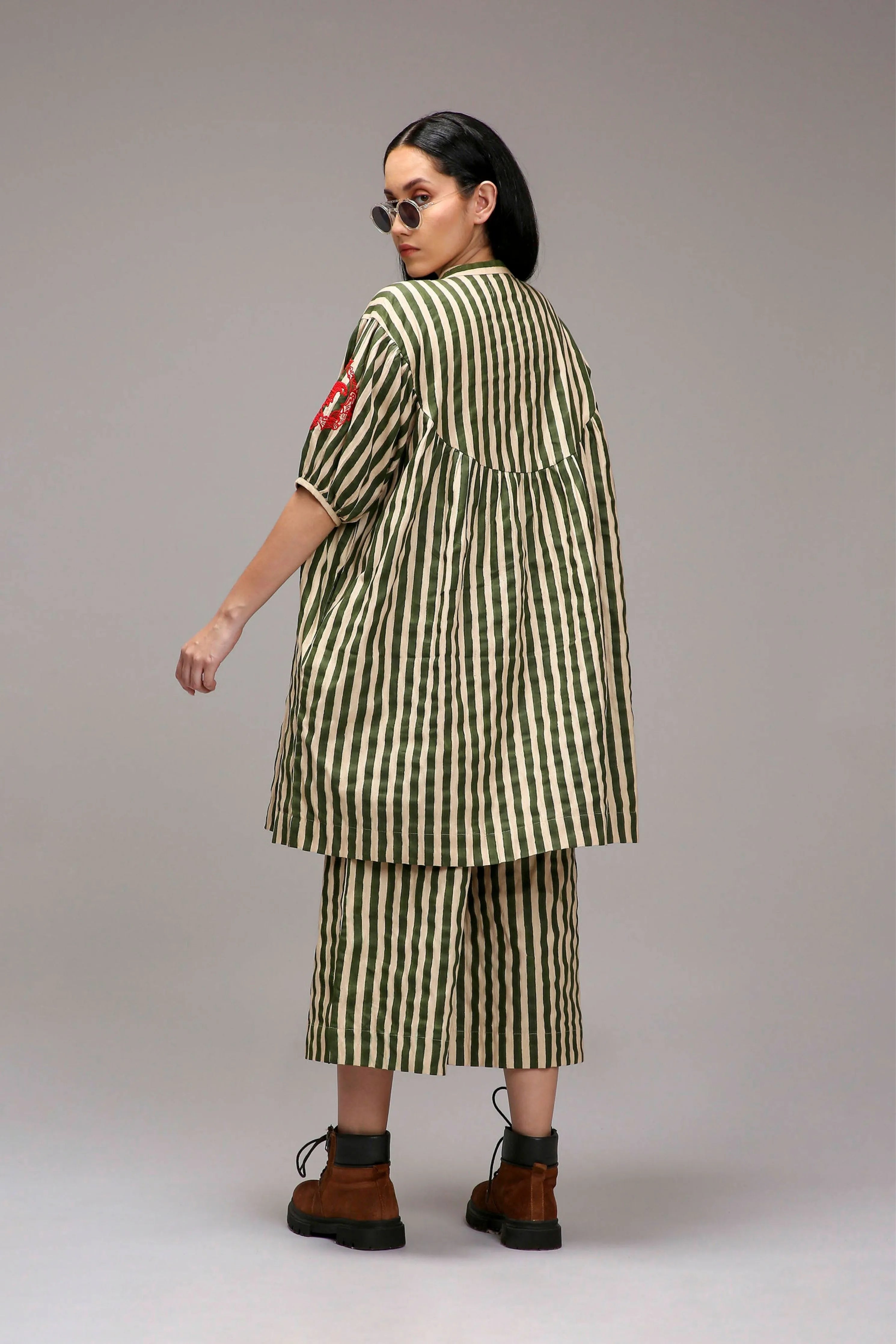 Egg-Shell Green Striped Short Acra Tunic Set