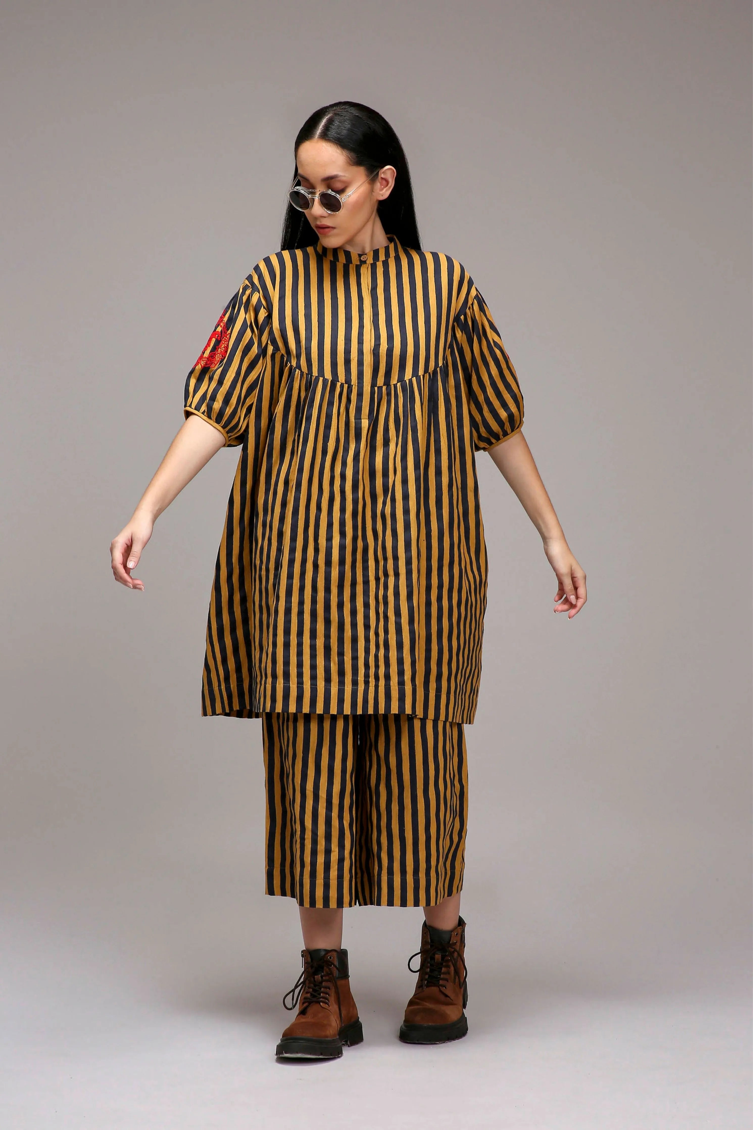 Tan-Brown Blue Striped Short Acra Tunic Set