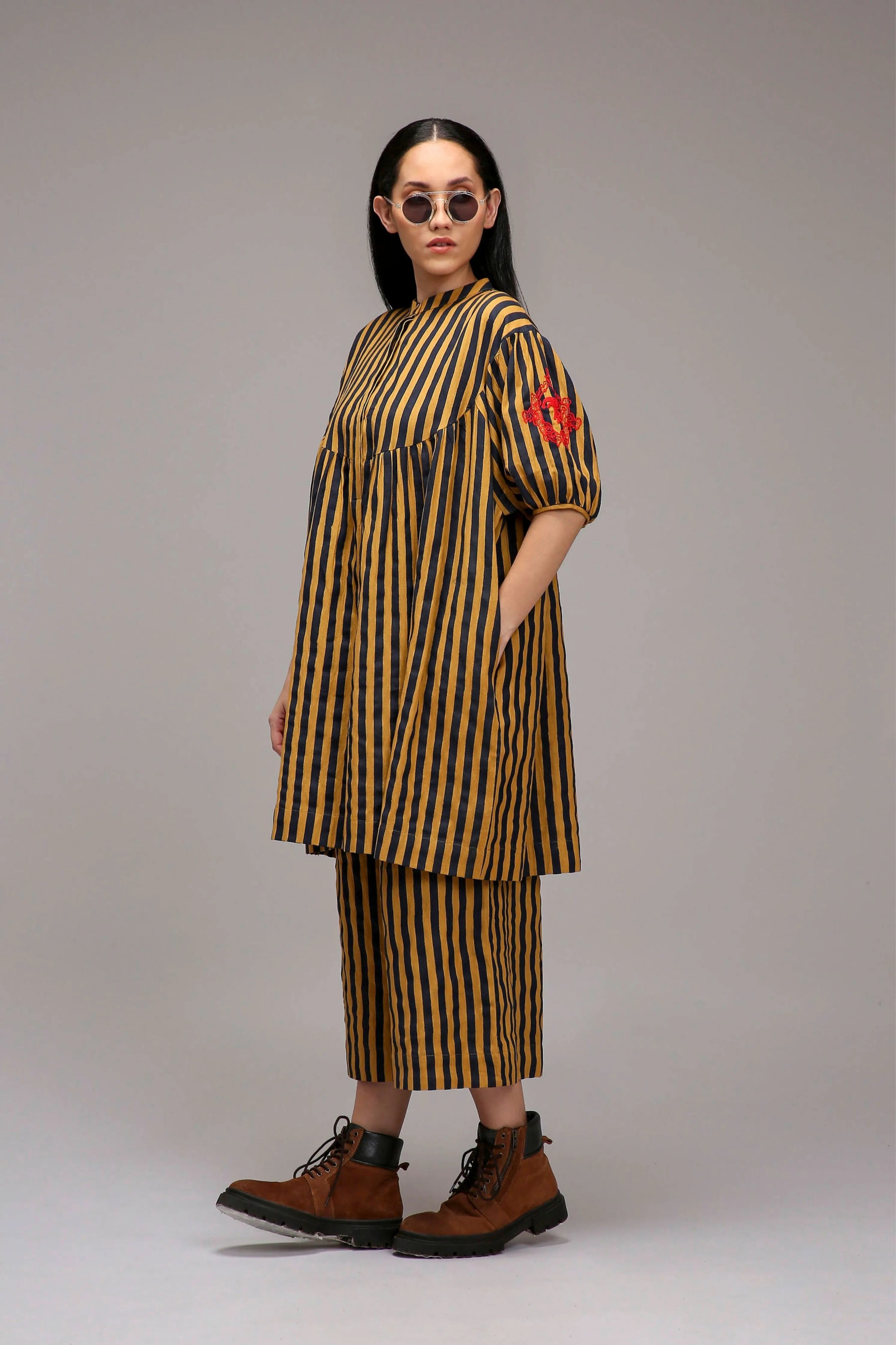 Tan-Brown Blue Striped Short Acra Tunic Set