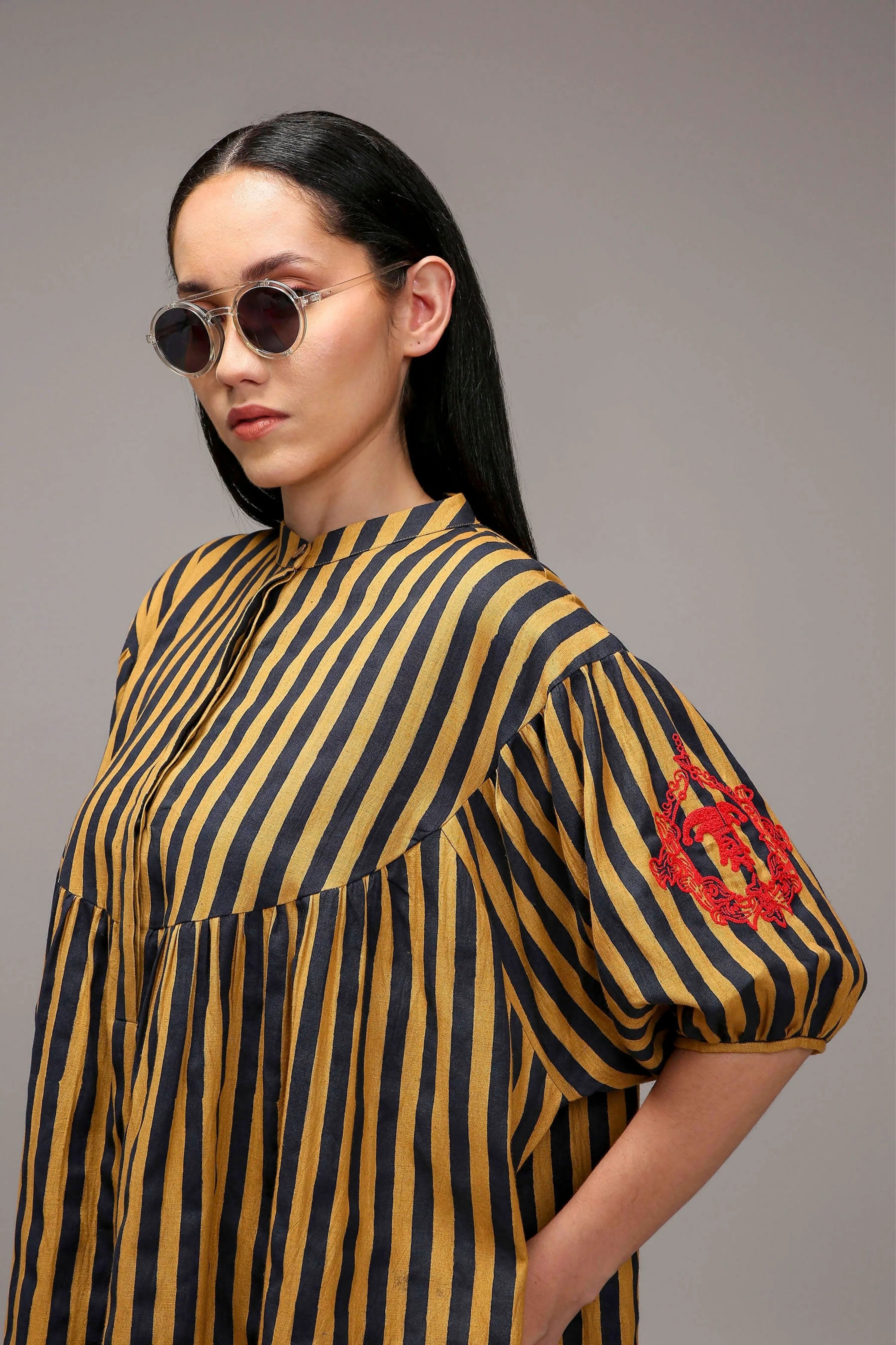 Tan-Brown Blue Striped Short Acra Tunic Set