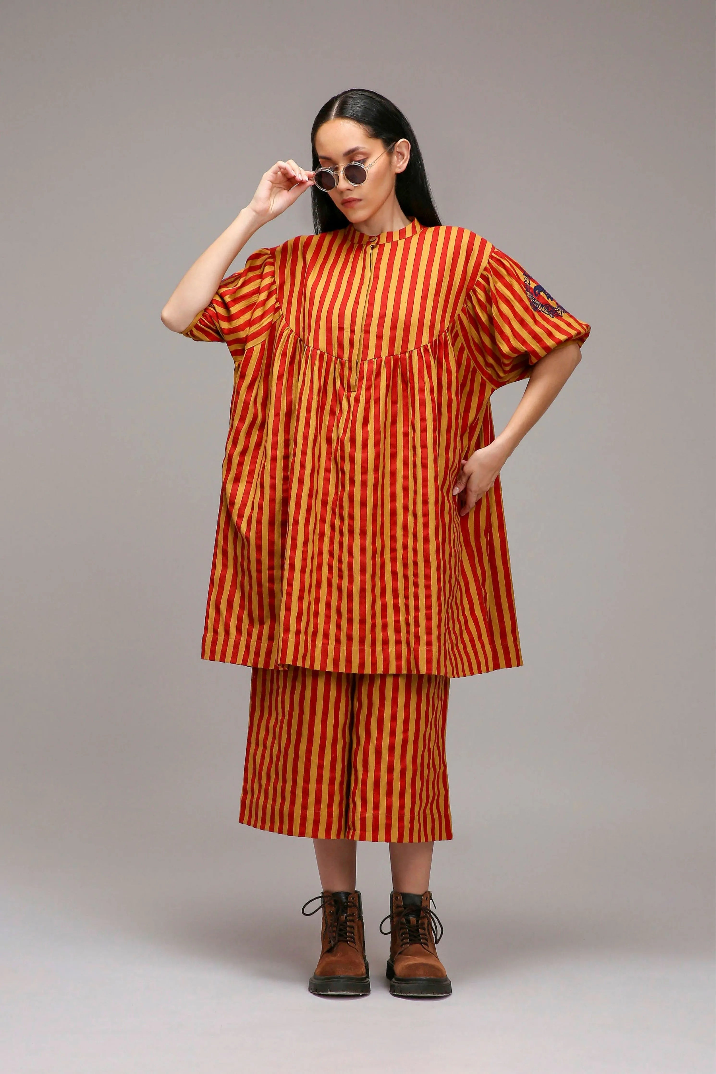 Tan-Brown Red Striped Short Acra Tunic Set