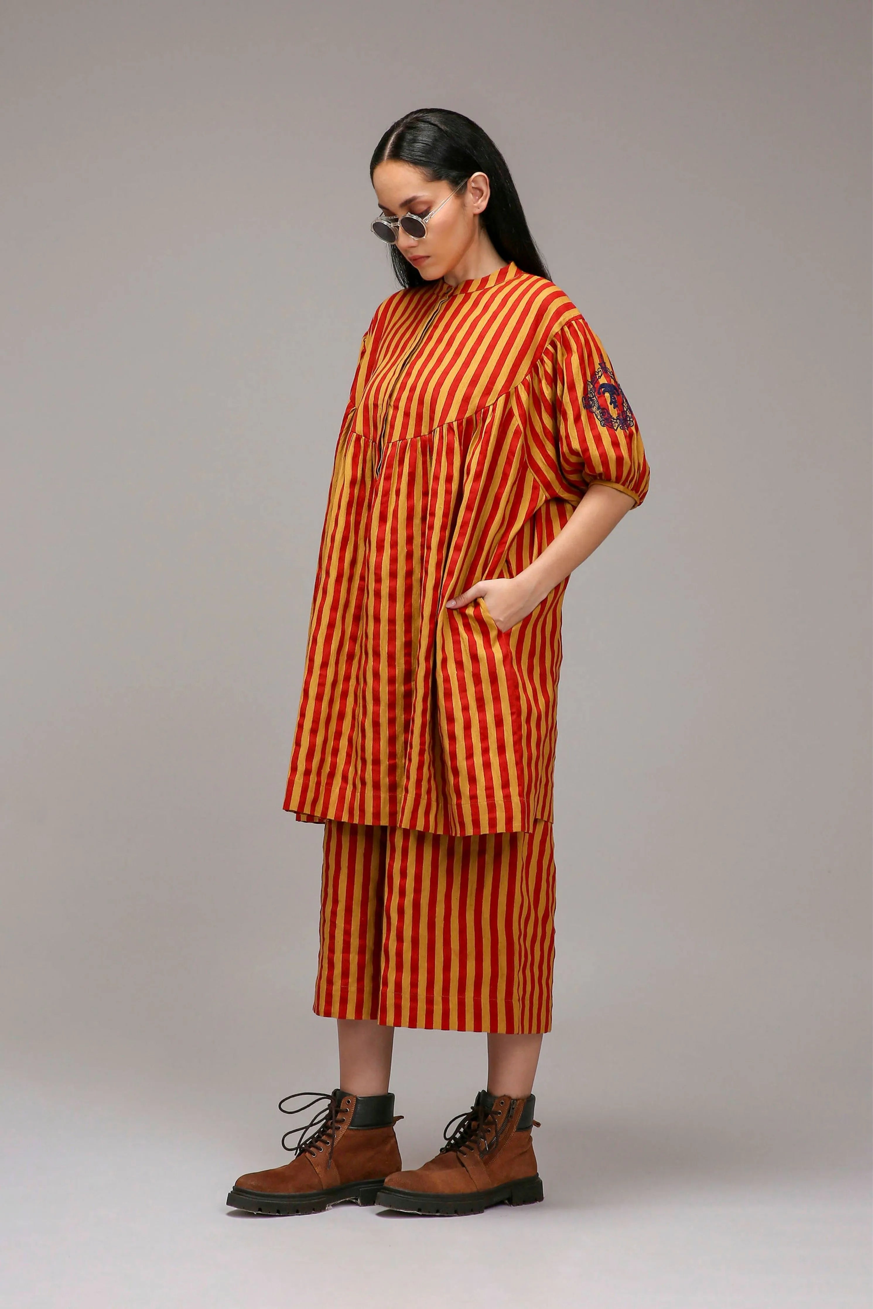 Tan-Brown Red Striped Short Acra Tunic Set
