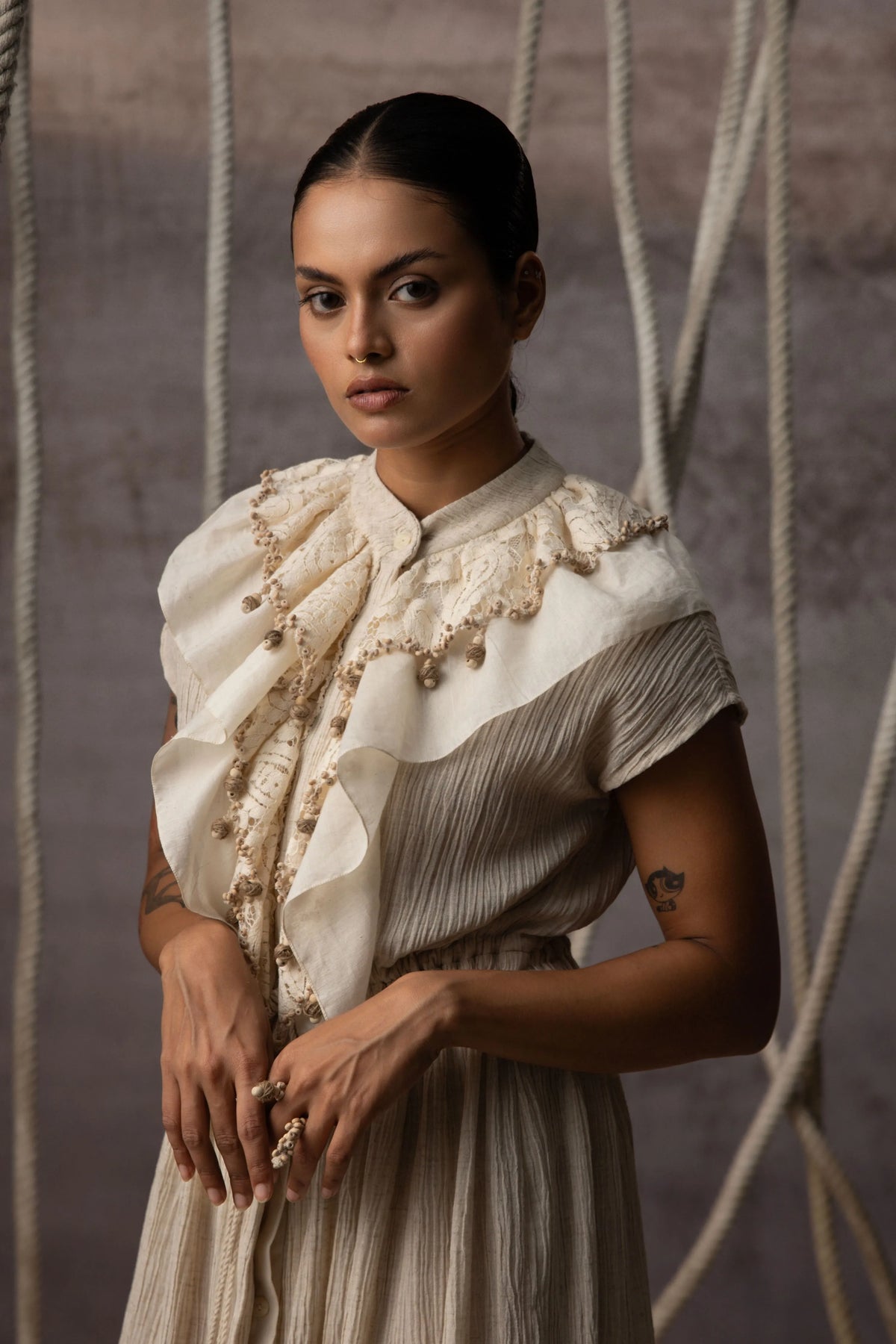 Ivory Flounce Crushed Drawstring Dress