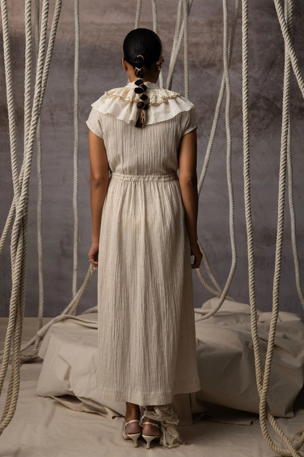 Ivory Flounce Crushed Drawstring Dress