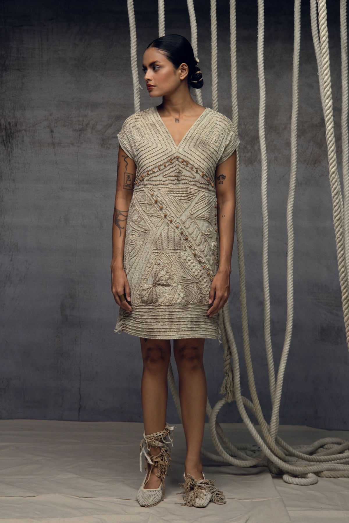 Ivory Crushed Embroidered Short Dress
