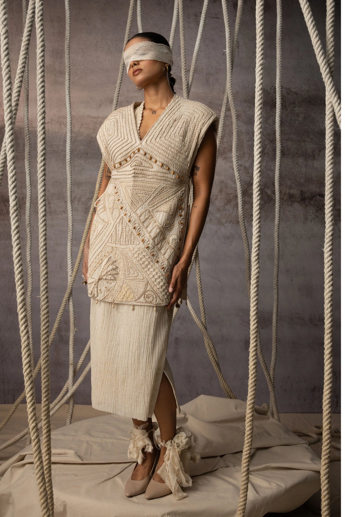 Ivory Embroidered Side-Tie Bib Co-Ord Set