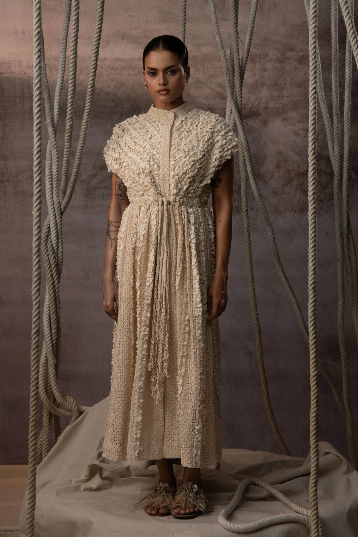 Ivory Lace Ruched Cotton Net Drawstring Dress