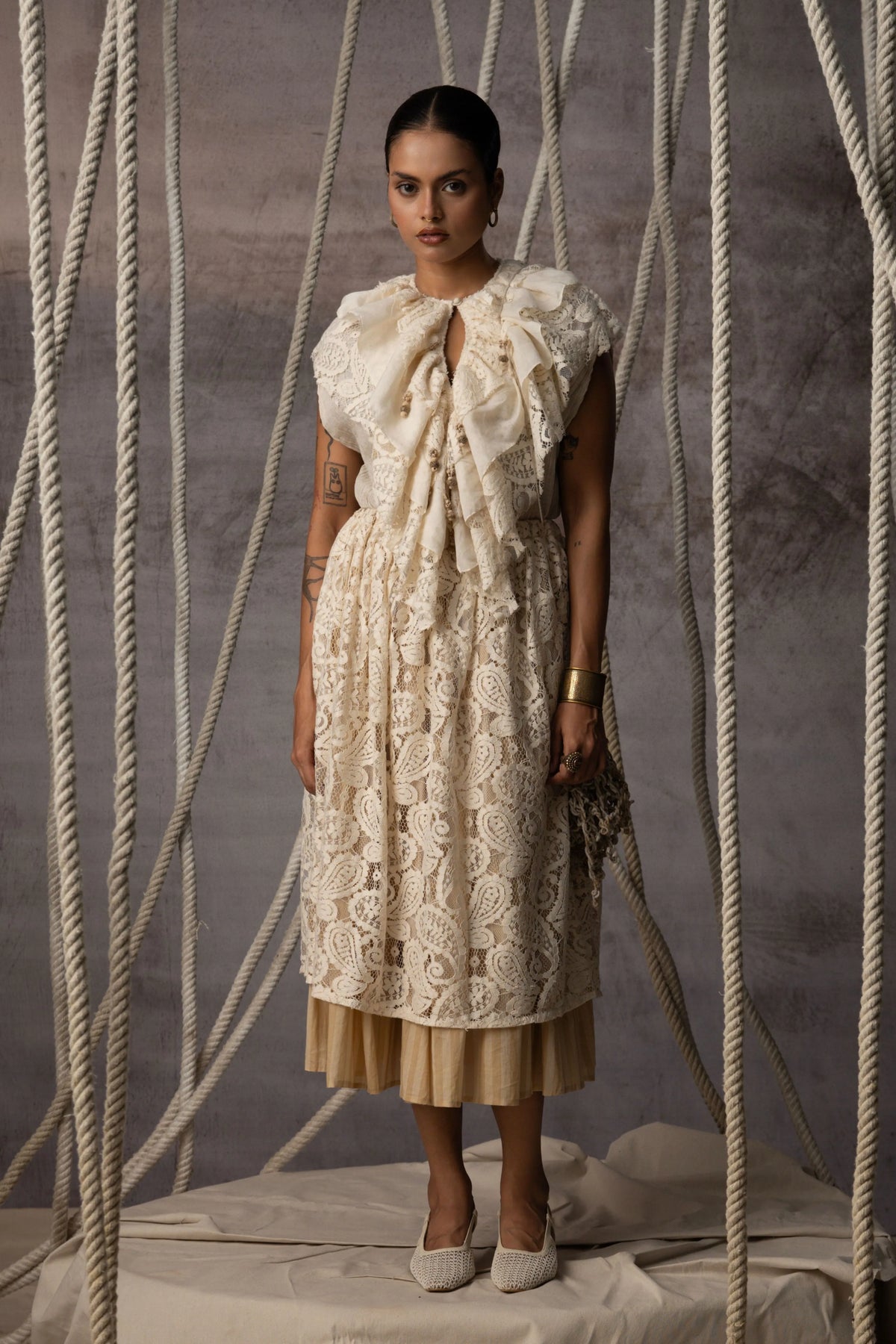 Ivory Lace Overlay Stripe Skirt