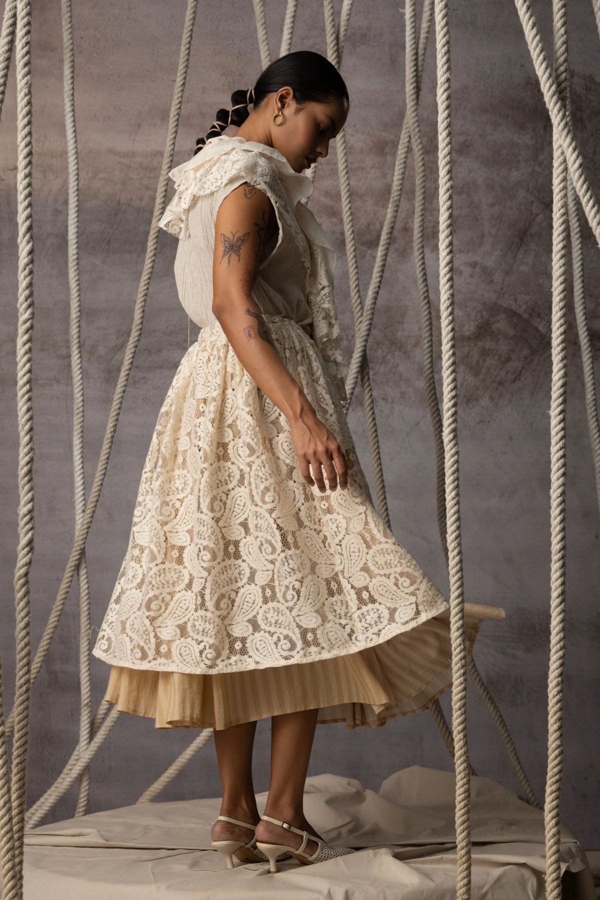 Ivory Lace Overlay Stripe Skirt