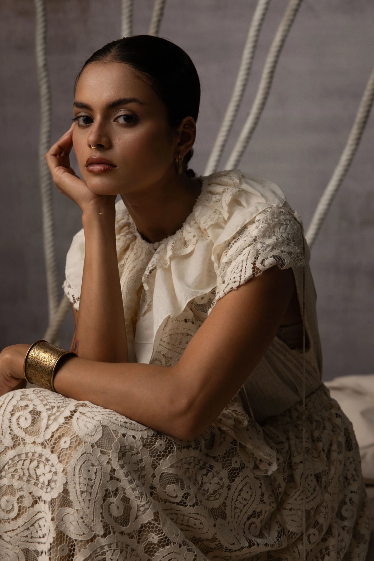 Ivory Lace Overlay Stripe Skirt