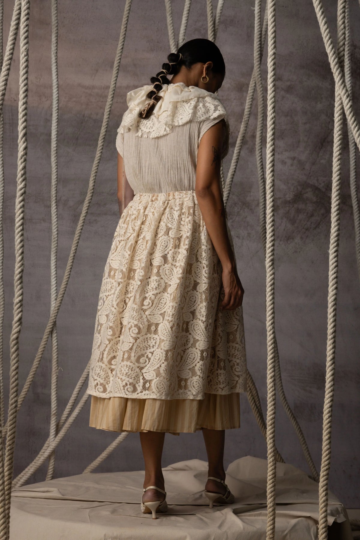 Ivory Lace Overlay Stripe Skirt