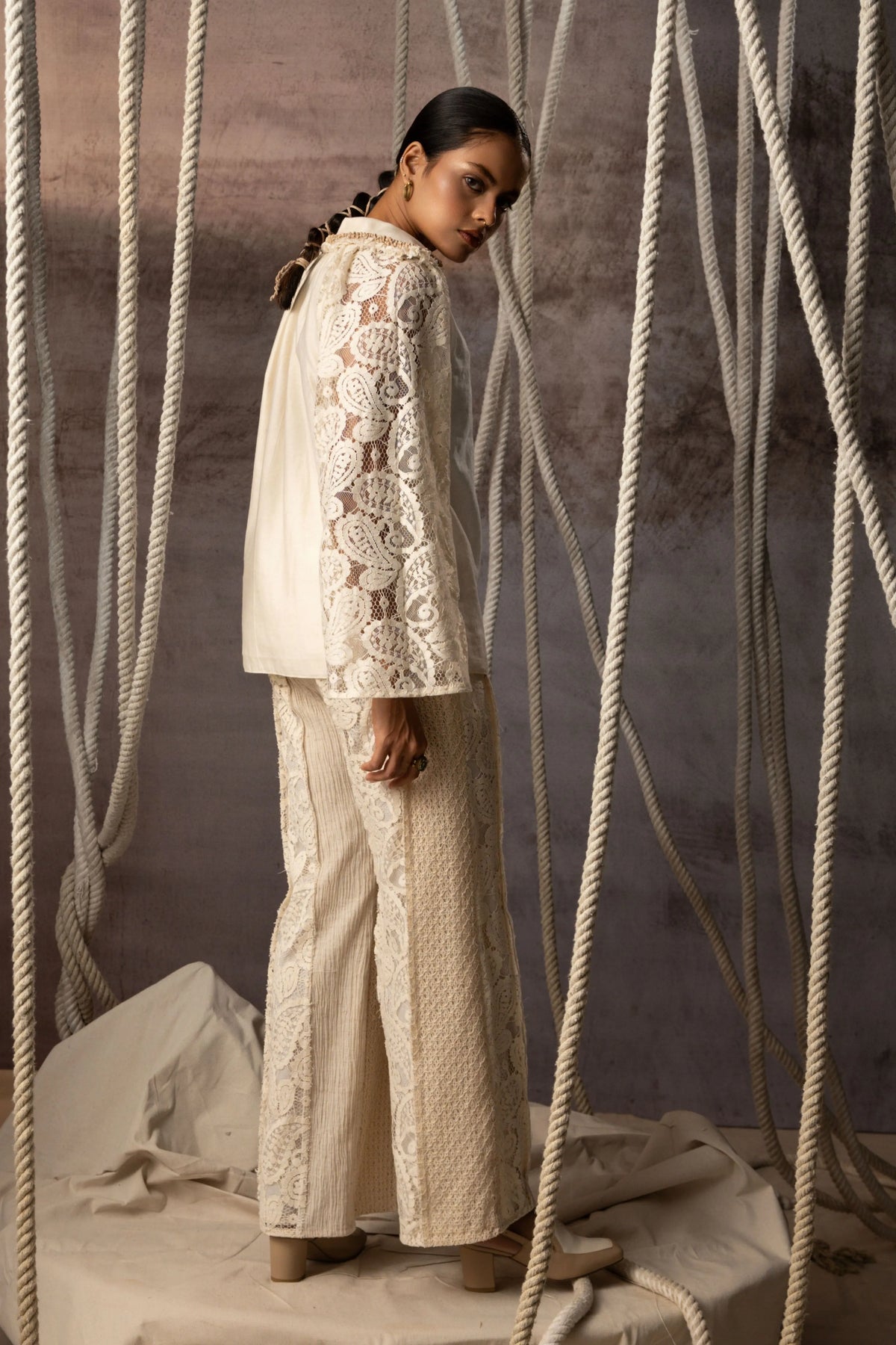 Ivory Khadi Silk Lace Hand Beaded Top