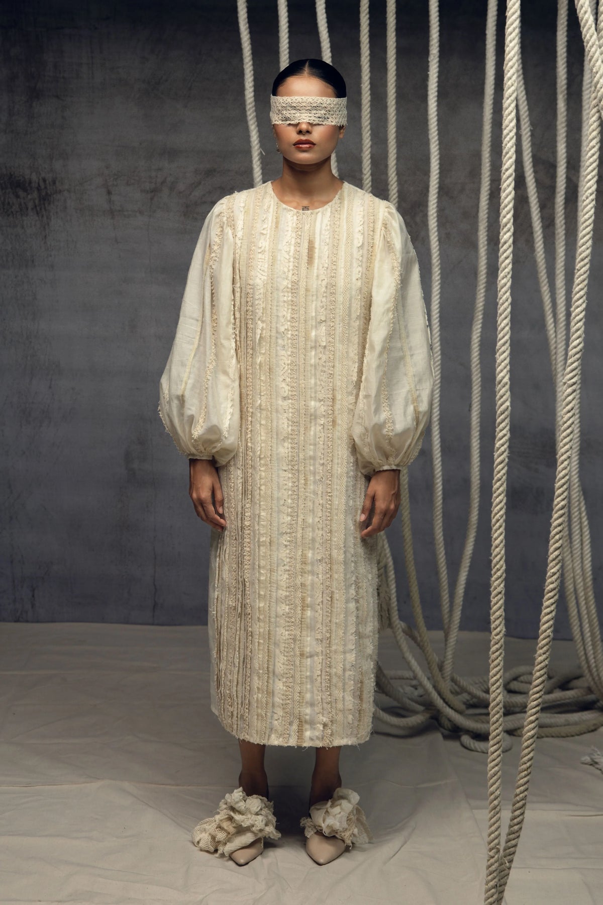 Ivory Khadi Silk Fringing Column Dress