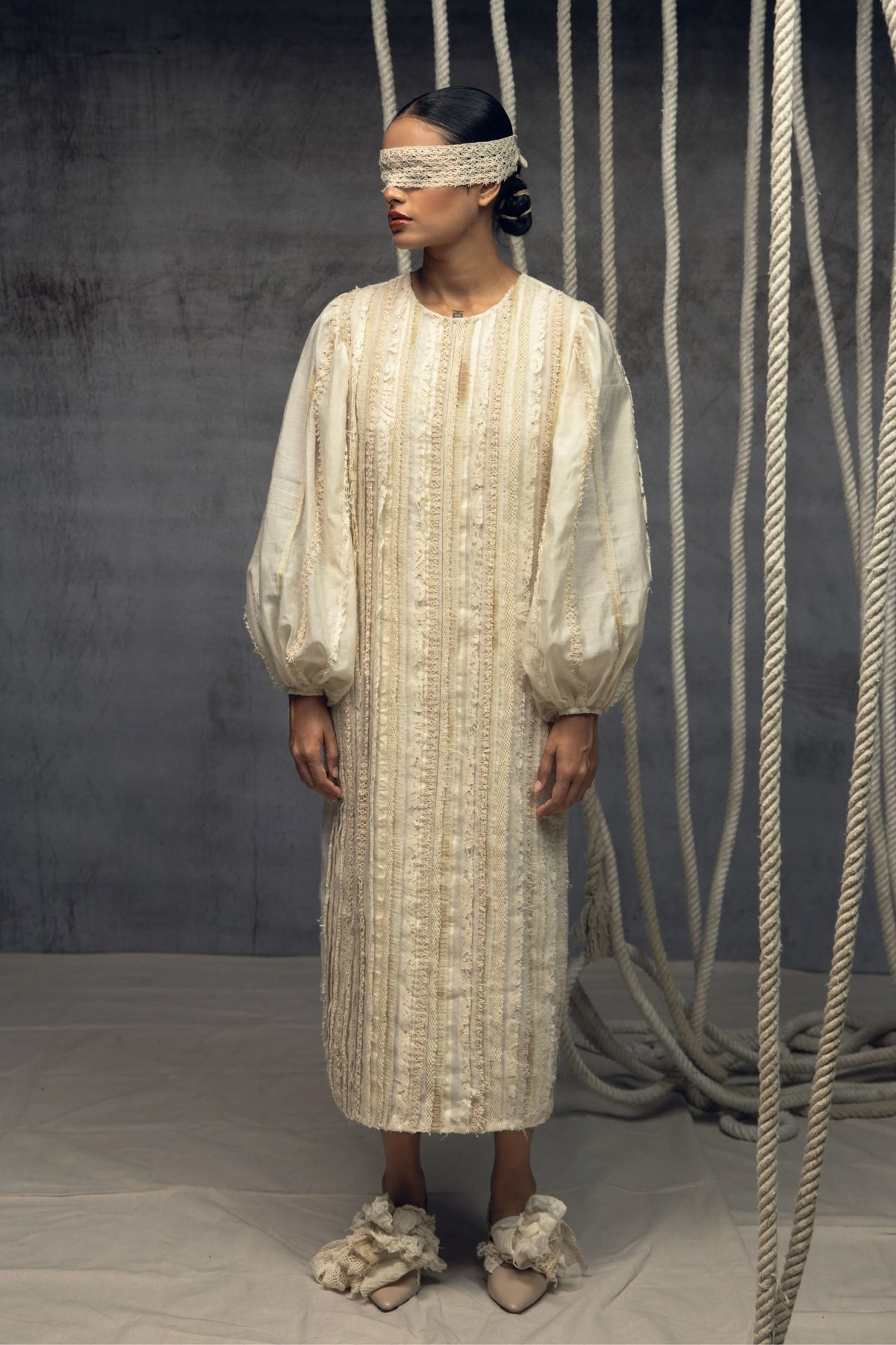 Ivory Khadi Silk Fringing Column Dress