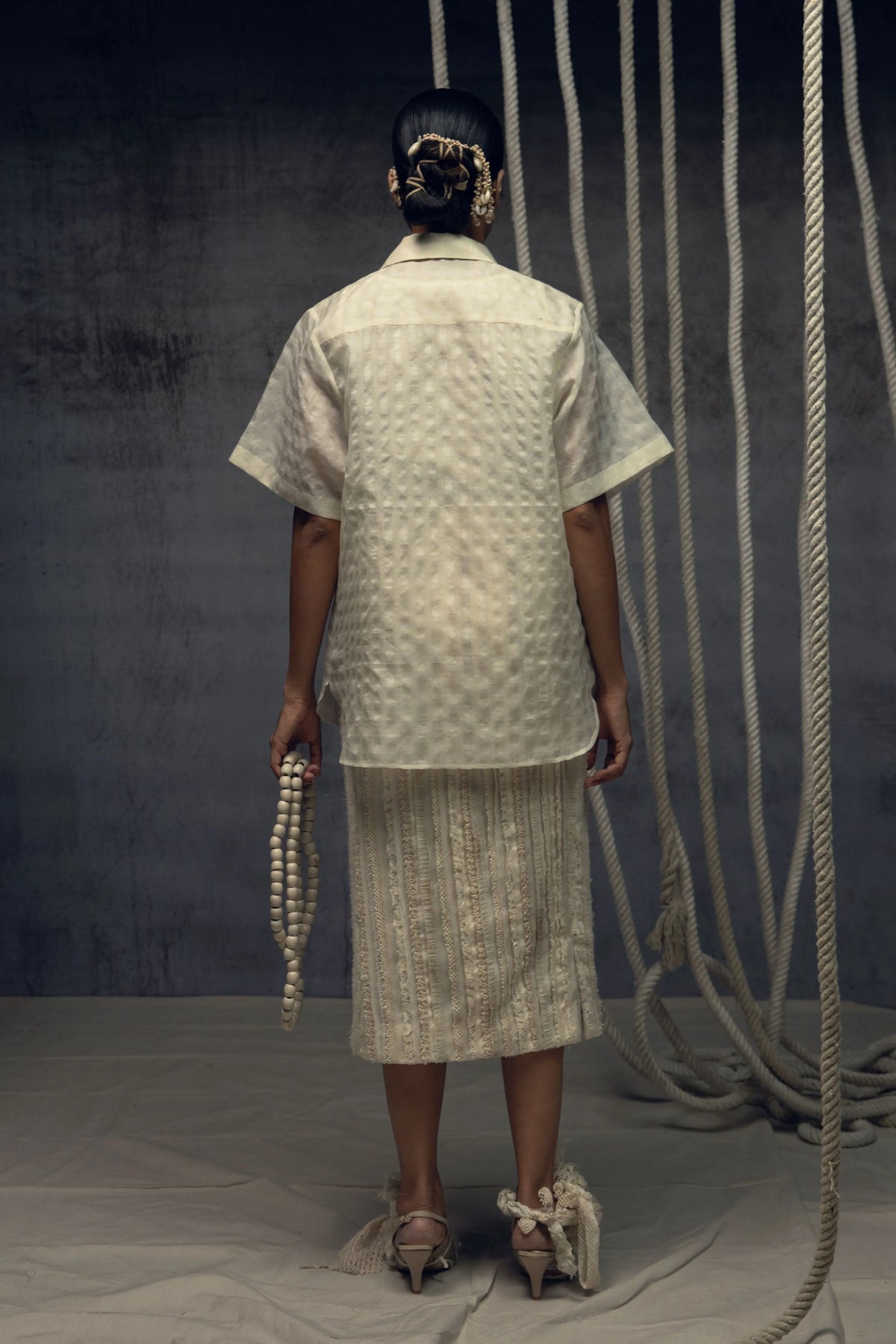 Ivory Khadi Silk Fringing Skirt