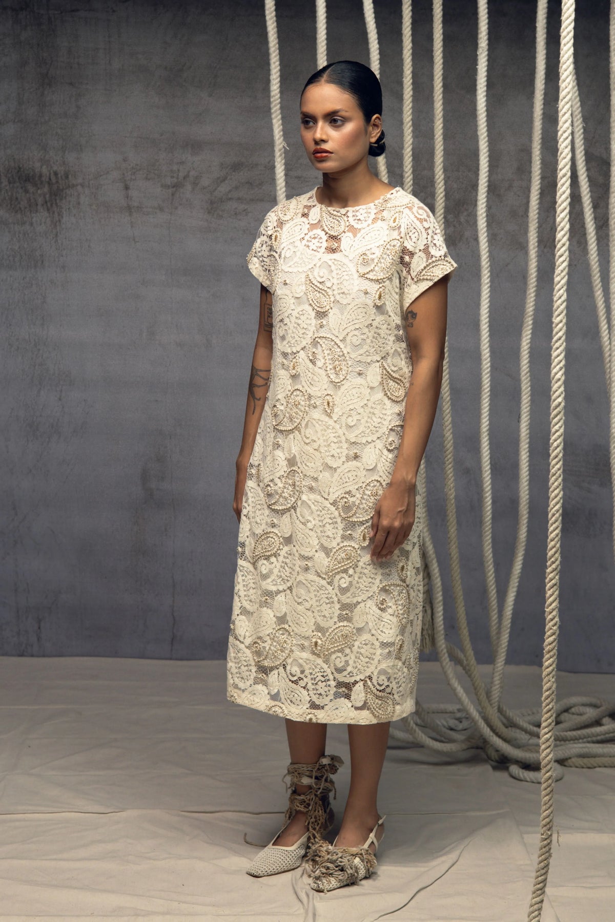 Ivory Paisley Lace Embroidered Midi Dress
