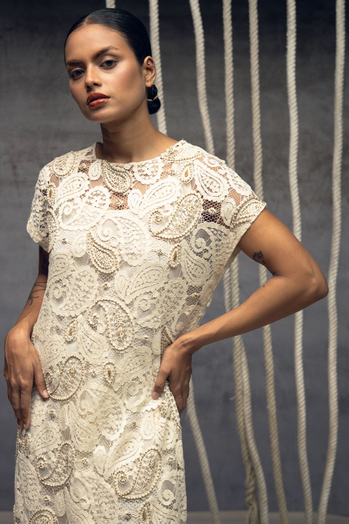 Ivory Paisley Lace Embroidered Midi Dress