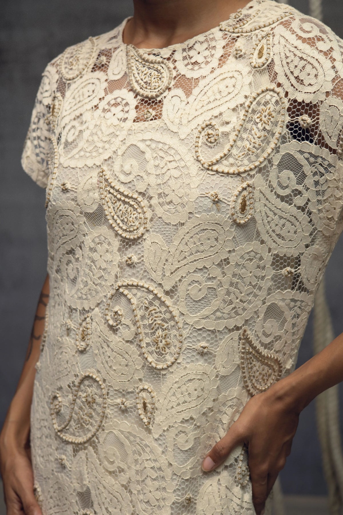 Ivory Paisley Lace Embroidered Midi Dress