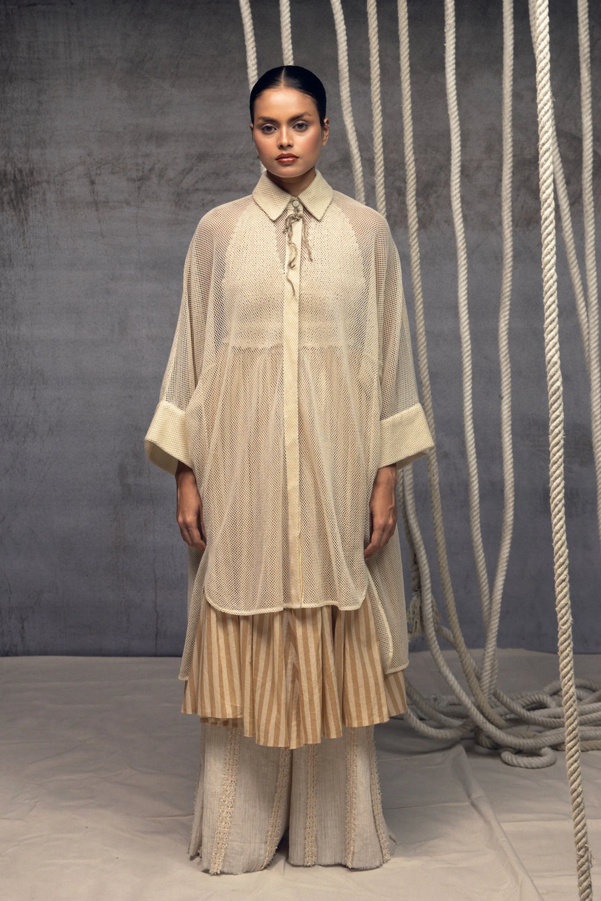 Ivory Open-Mesh Shirt Dress