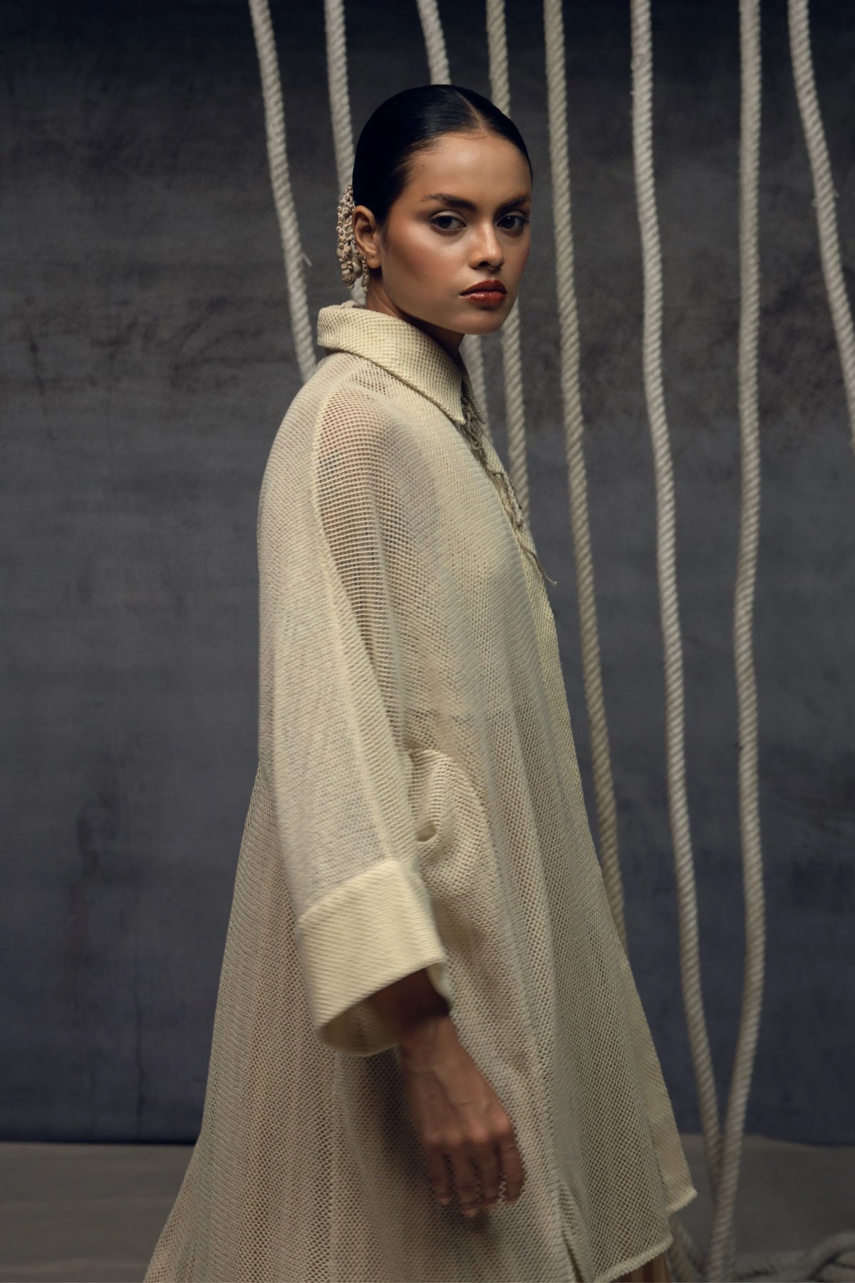Ivory Open-Mesh Shirt Dress