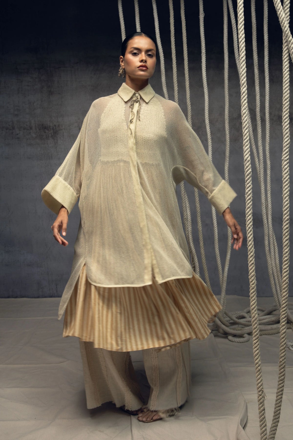 Ivory Open-Mesh Shirt Dress