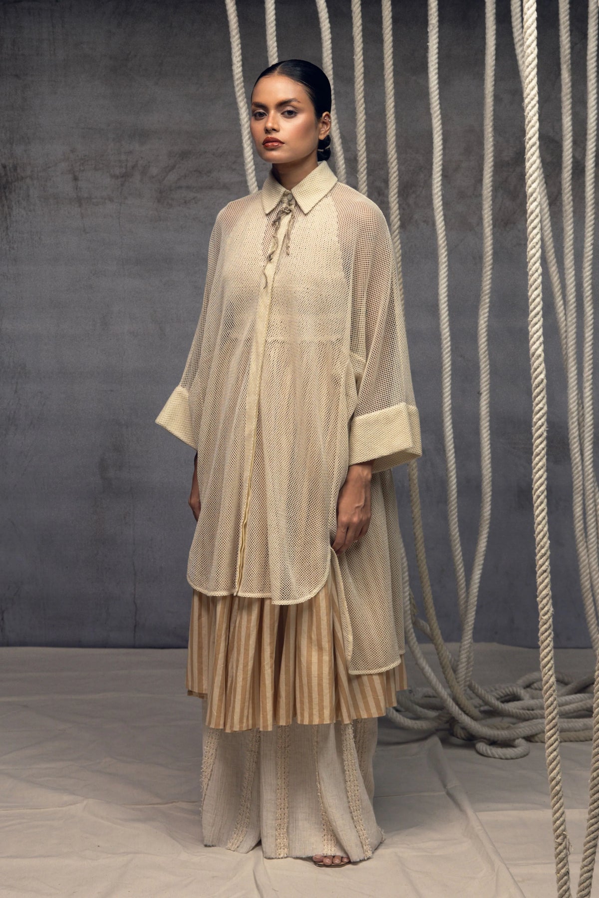 Ivory Open-Mesh Shirt Dress