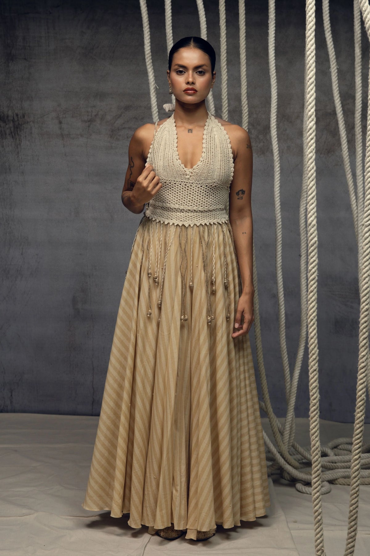 Ivory Crochet Bralette Striped Maxi