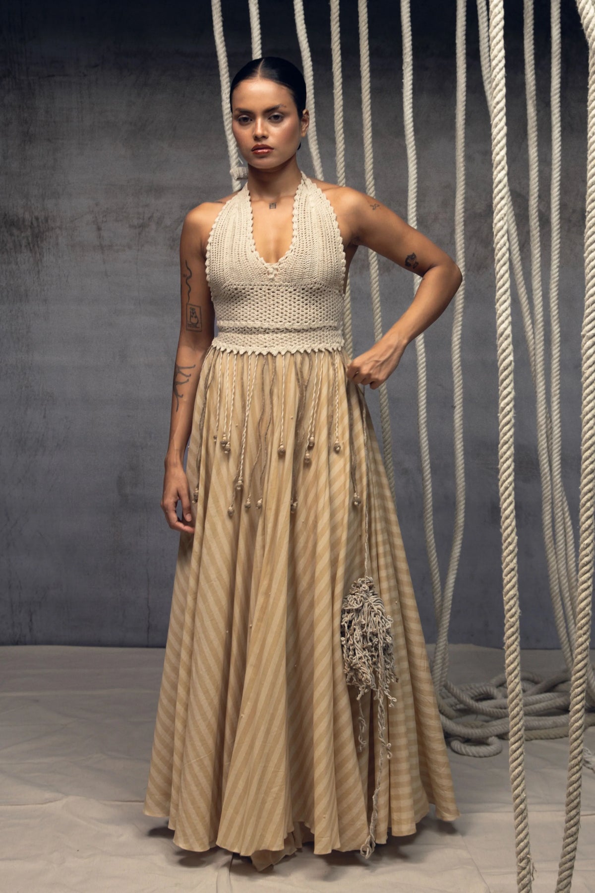 Ivory Crochet Bralette Striped Maxi