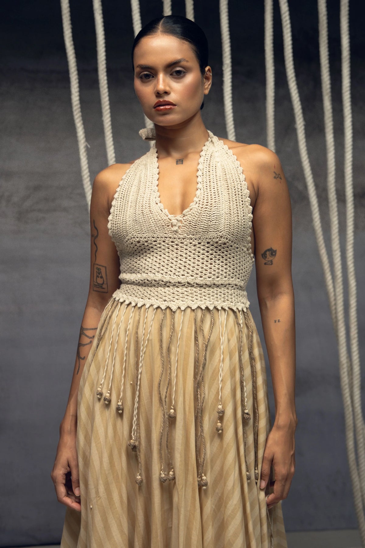 Ivory Crochet Bralette Striped Maxi