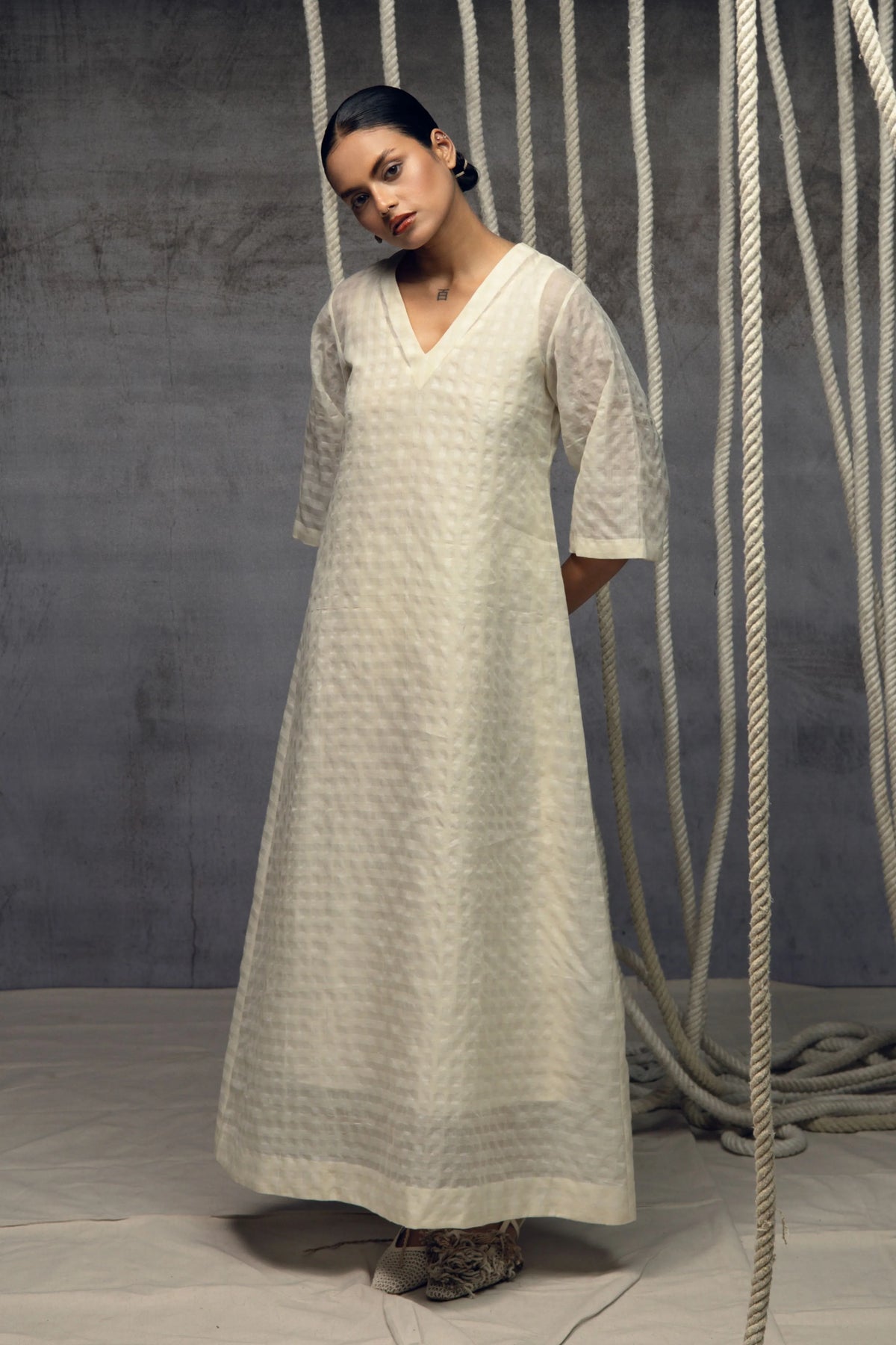 Ivory Khadi Silk Checkered Dress