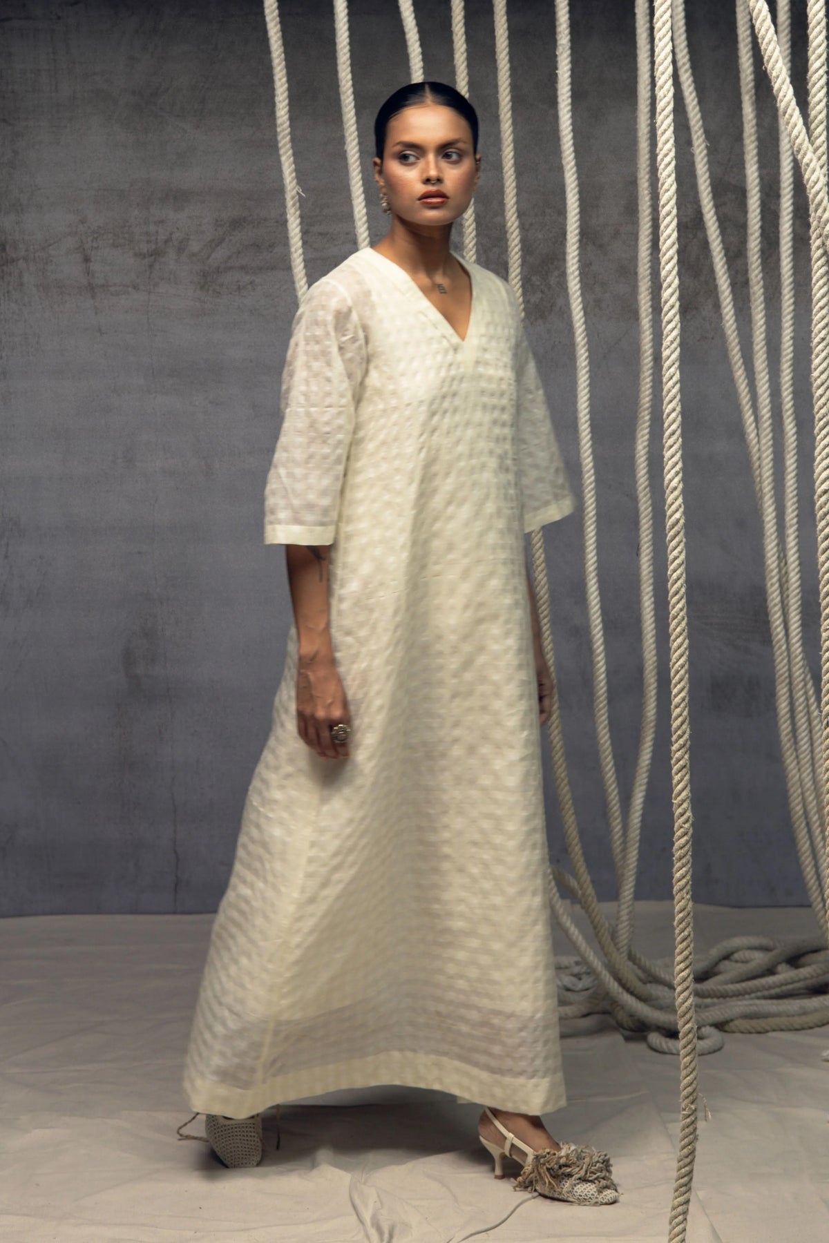 Ivory Khadi Silk Checkered Dress