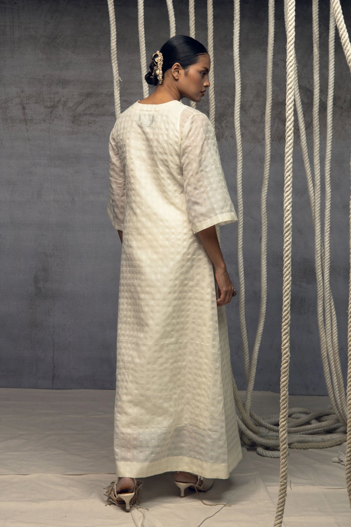 Ivory Khadi Silk Checkered Dress