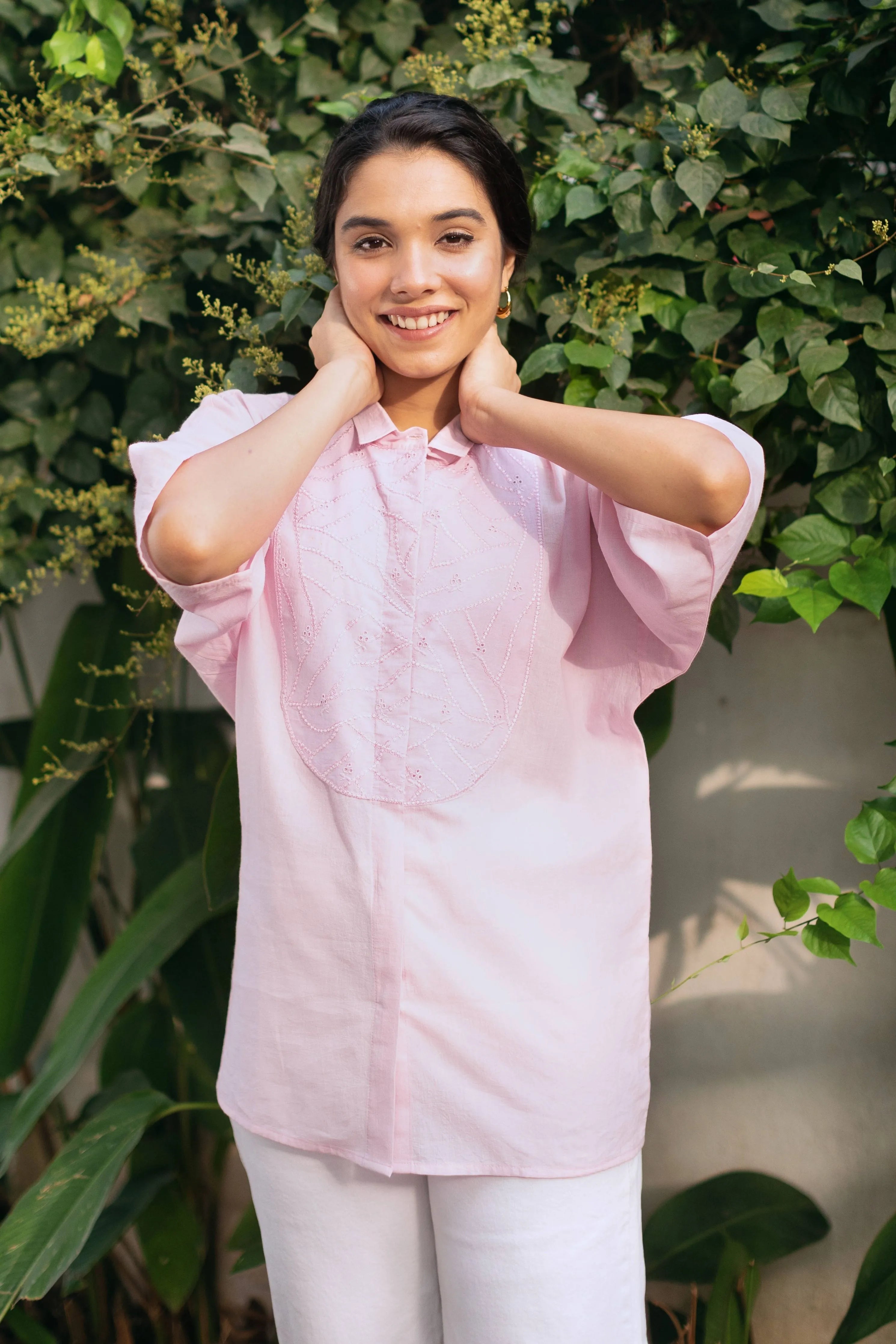 Pink Organic Cotton Shirt With Yoke Embroidery