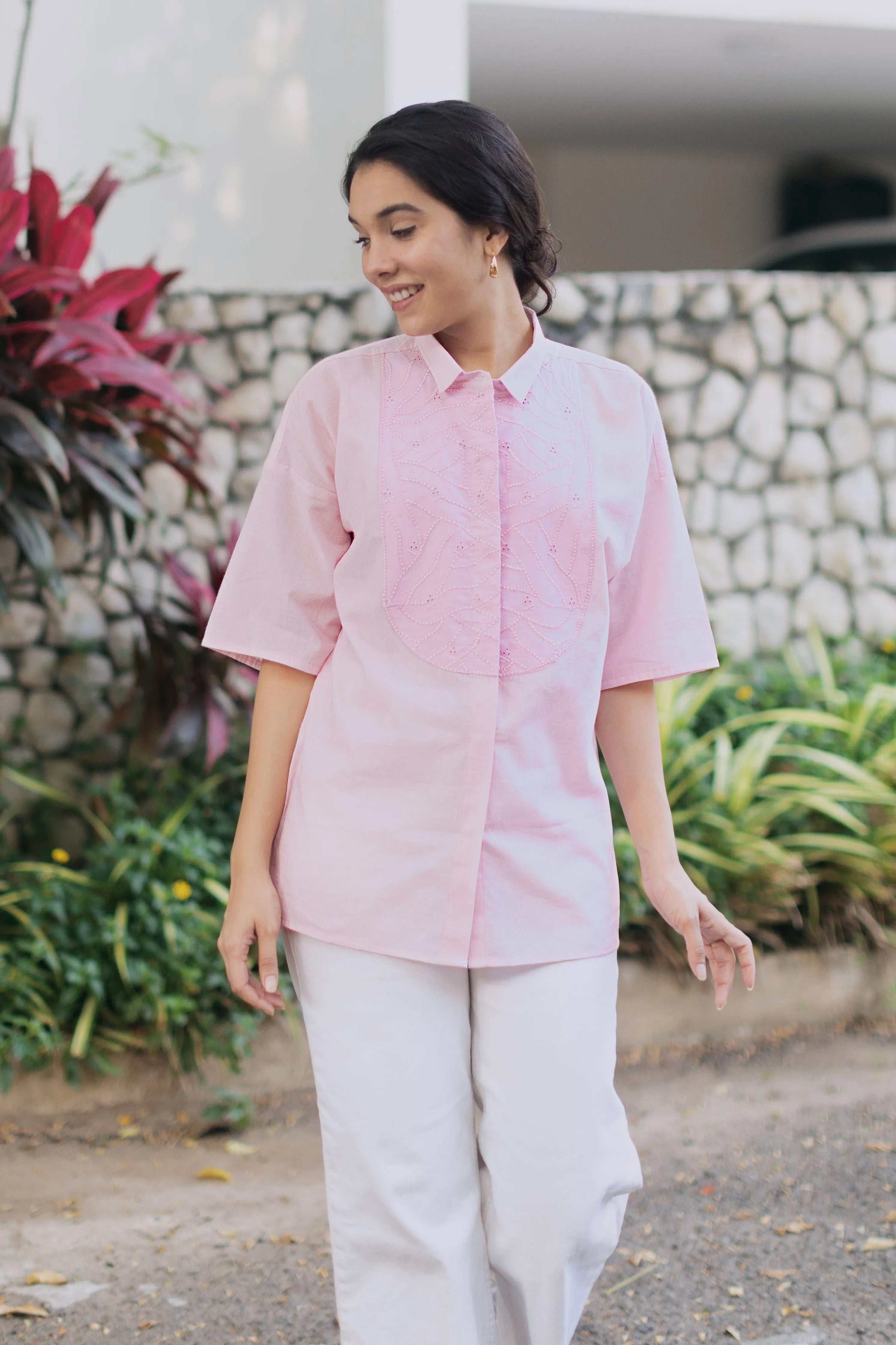Pink Organic Cotton Shirt With Yoke Embroidery
