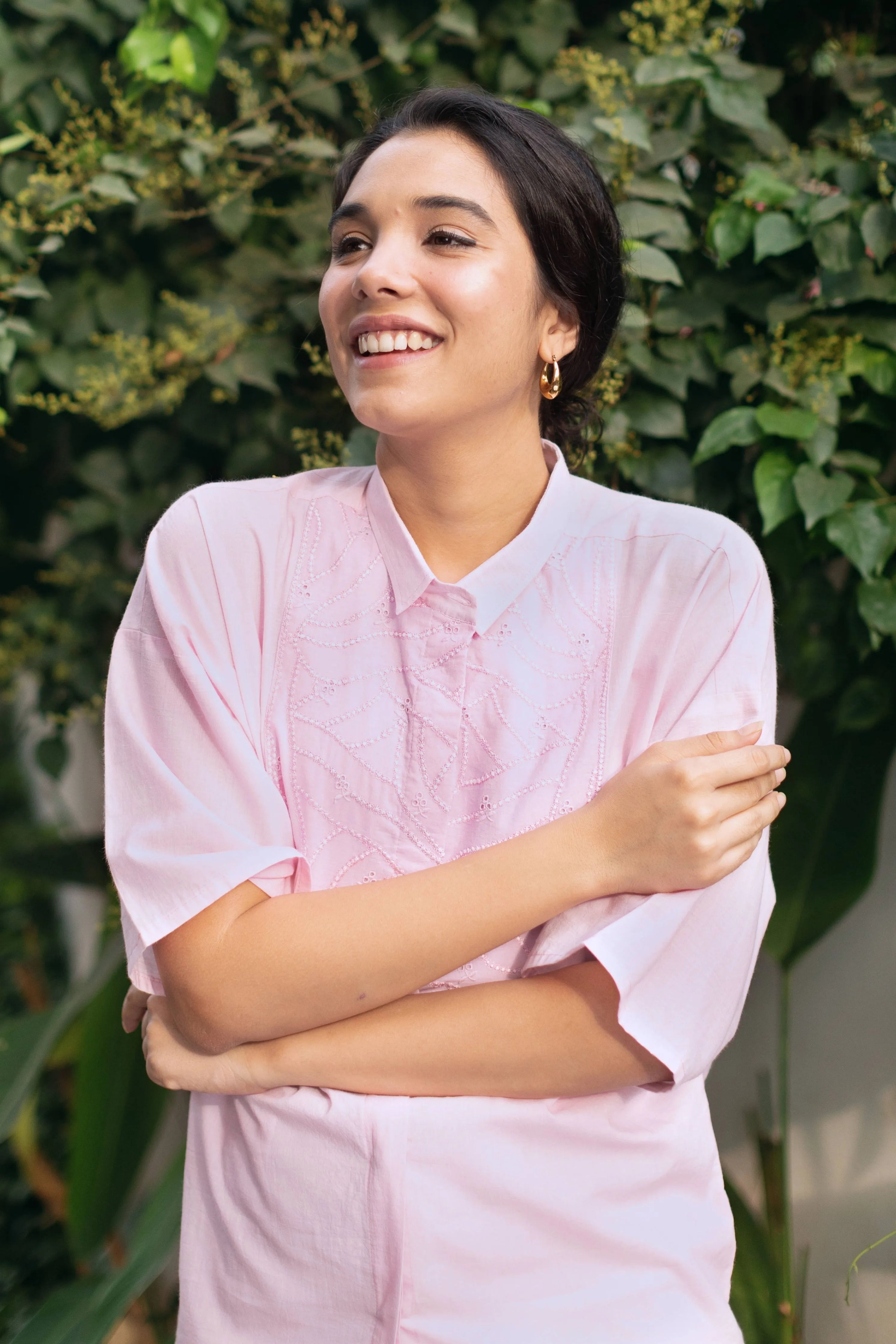 Pink Organic Cotton Shirt With Yoke Embroidery