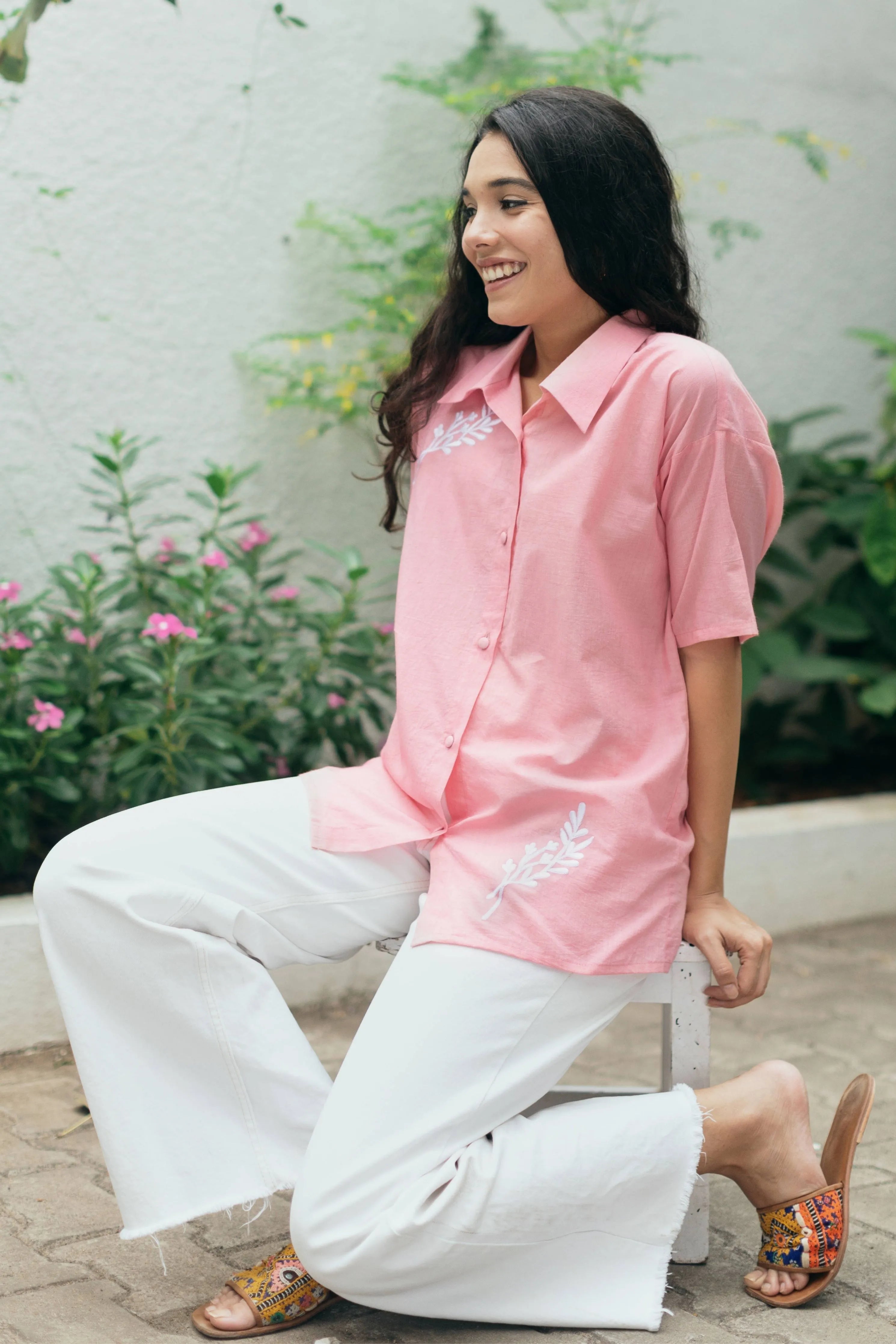Elegant Organic Pink Shirt with Embroidery