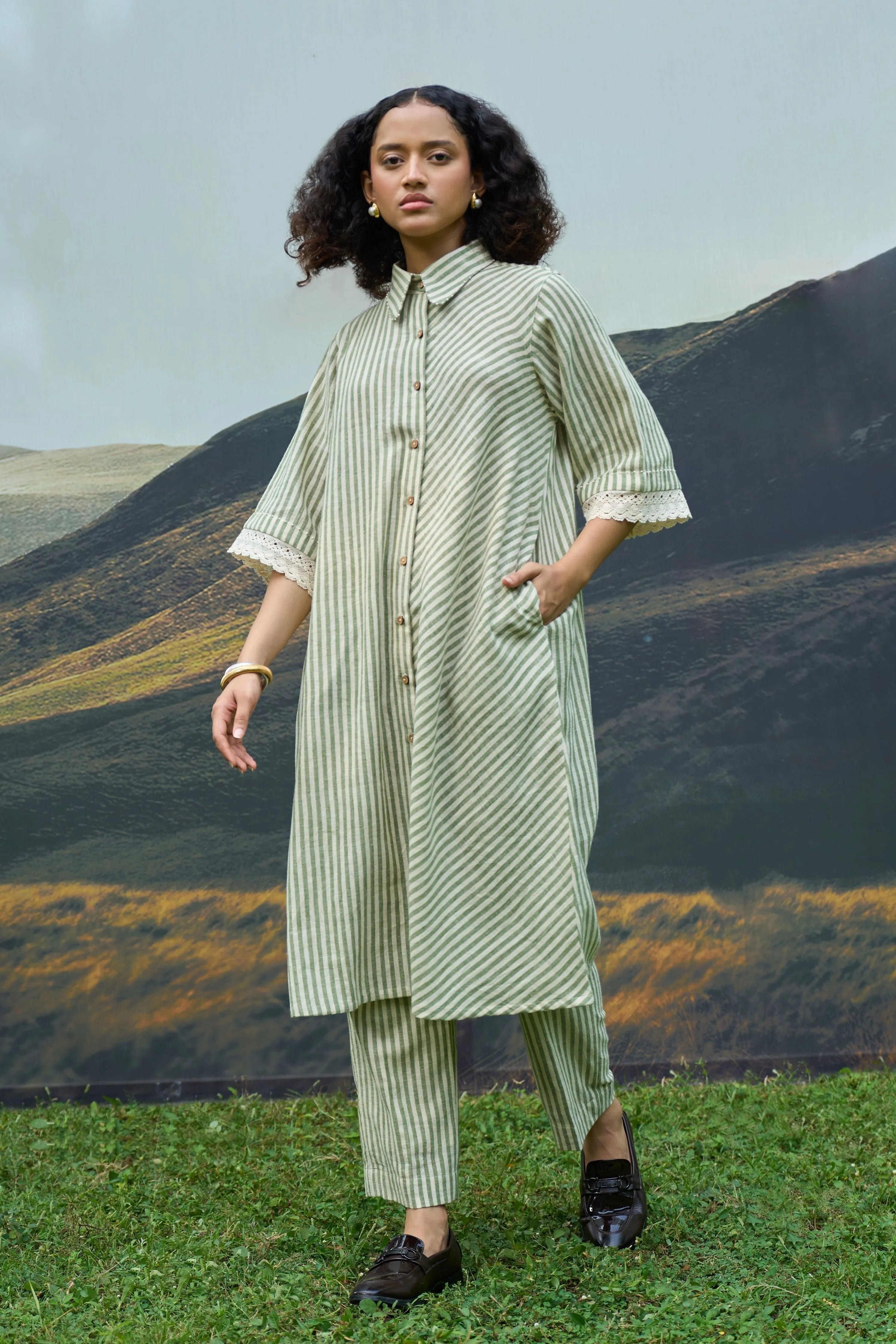 Moss Stripes Tent Shirt Dress