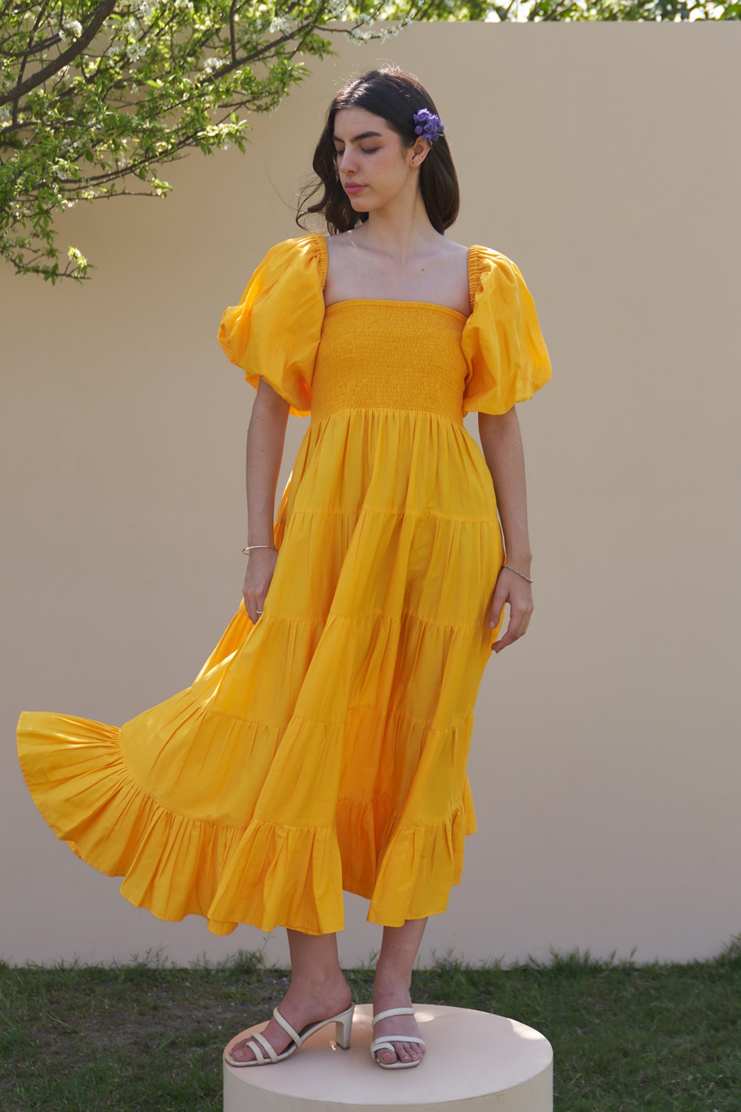 Beatrice Mango Sorbet Midi Dress with Detachable Sleeves
